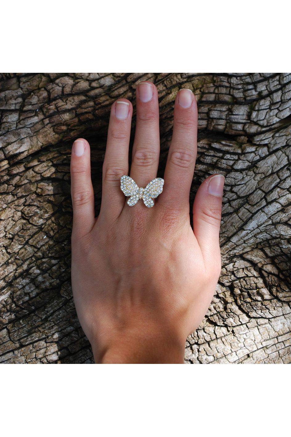 Pearl & Crystal Encrusted Butterfly Ring In Gold LR022G