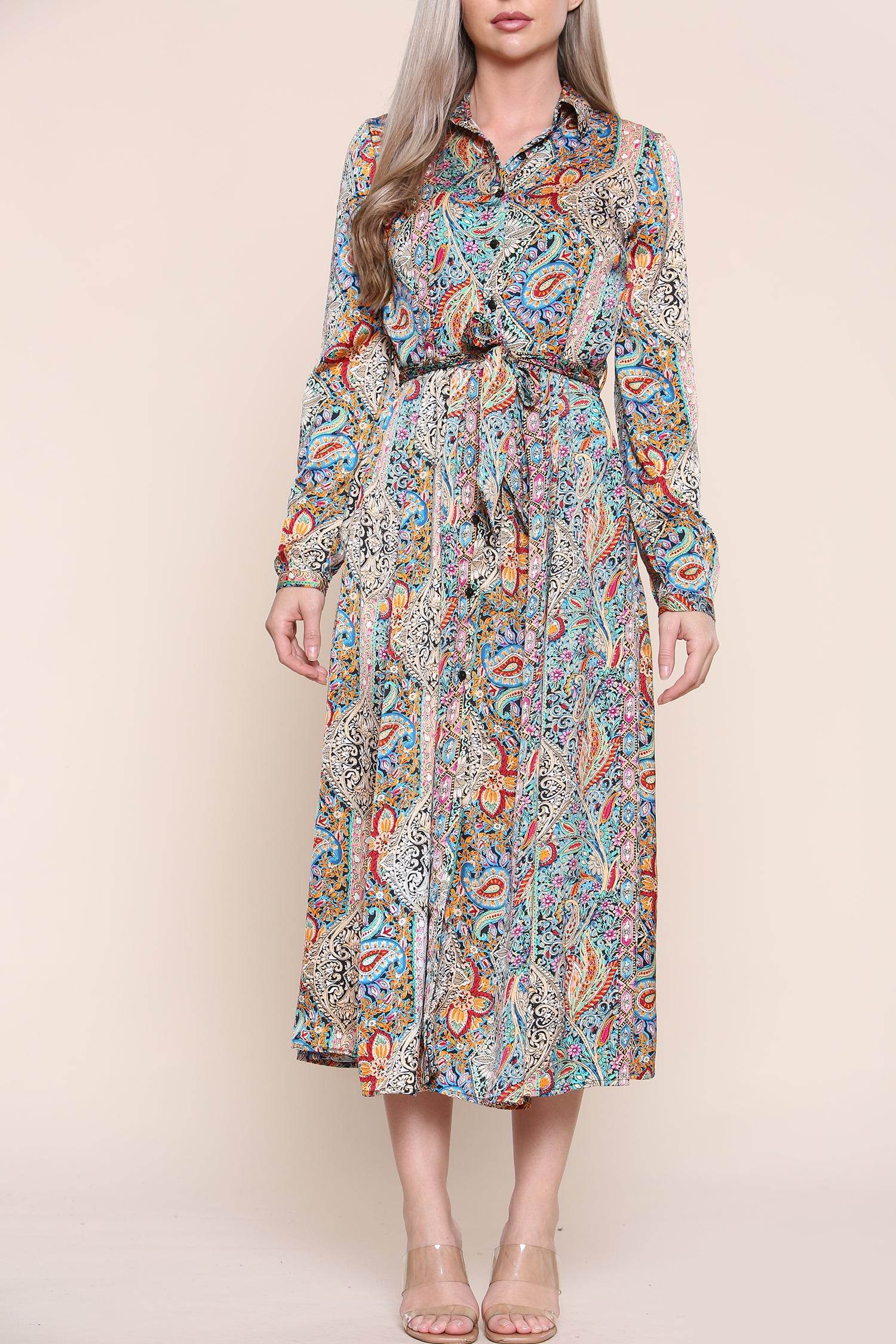Paisley Maxi Dress Long Sleeve In Green LS-2037-C15