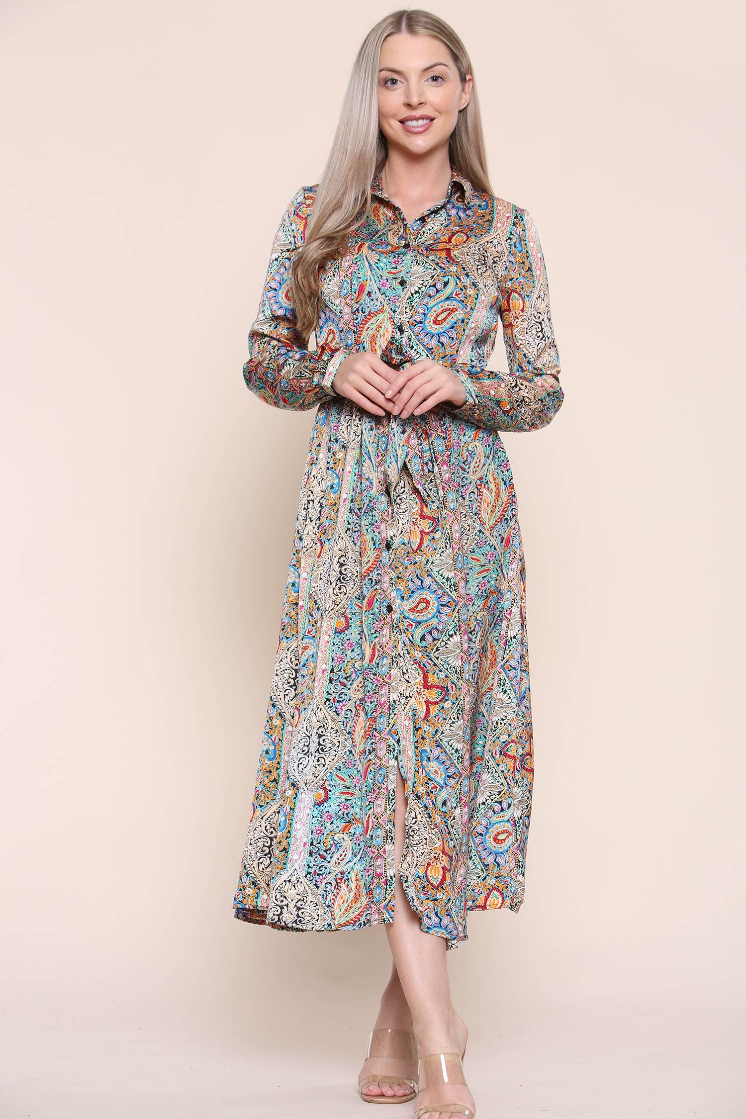 Paisley Maxi Dress Long Sleeve In Green LS-2037-C15