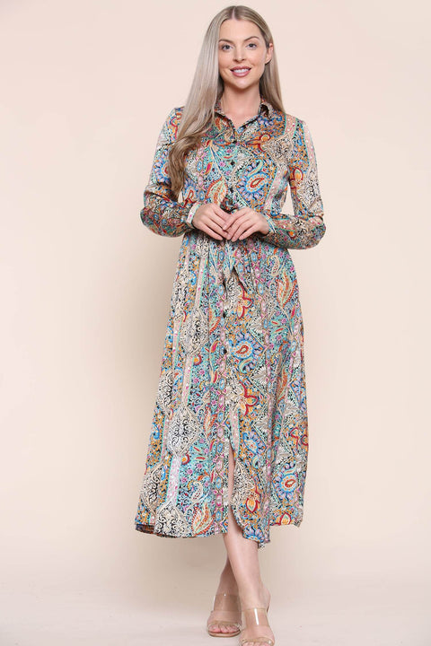 Paisley Maxi Dress Long Sleeve In Green by LOVE SUNSHINE