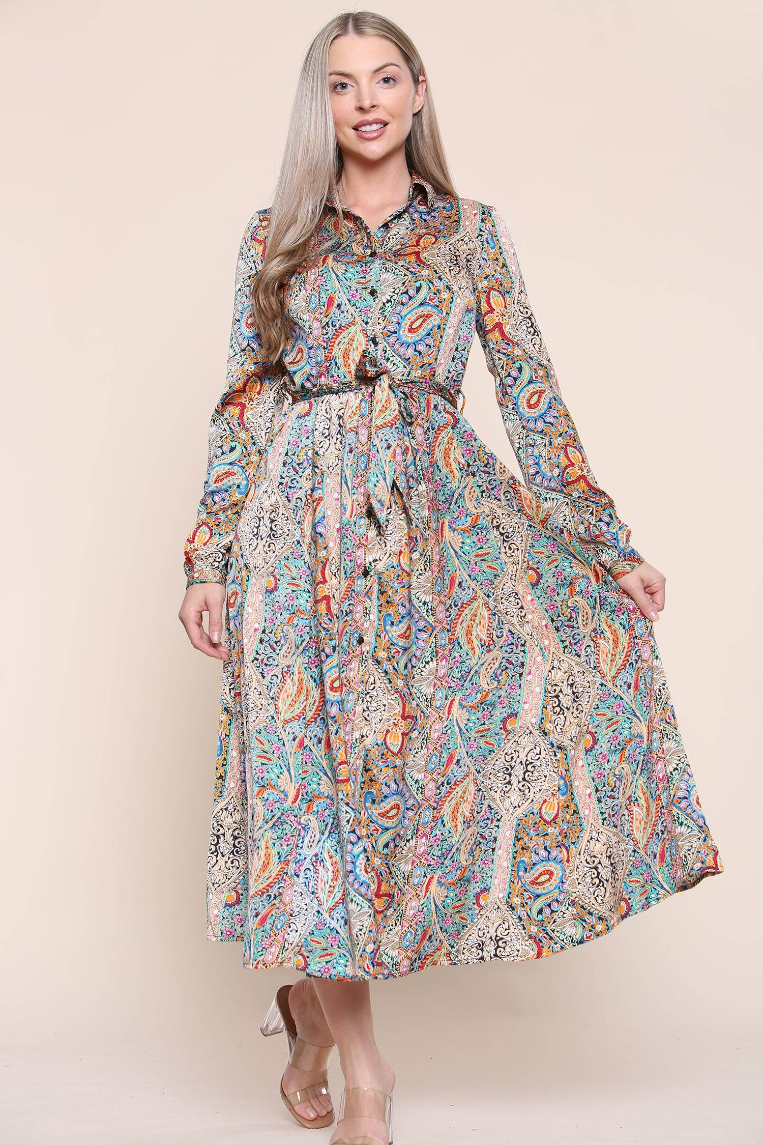 Paisley Maxi Dress Long Sleeve In Green LS-2037-C15