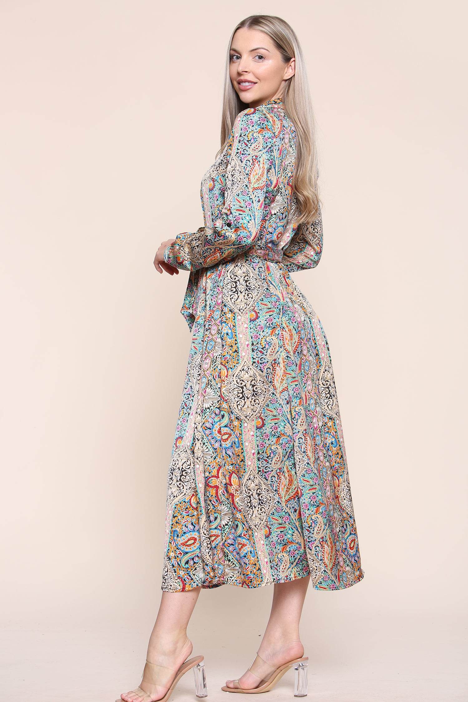 Paisley Maxi Dress Long Sleeve In Green LS-2037-C15