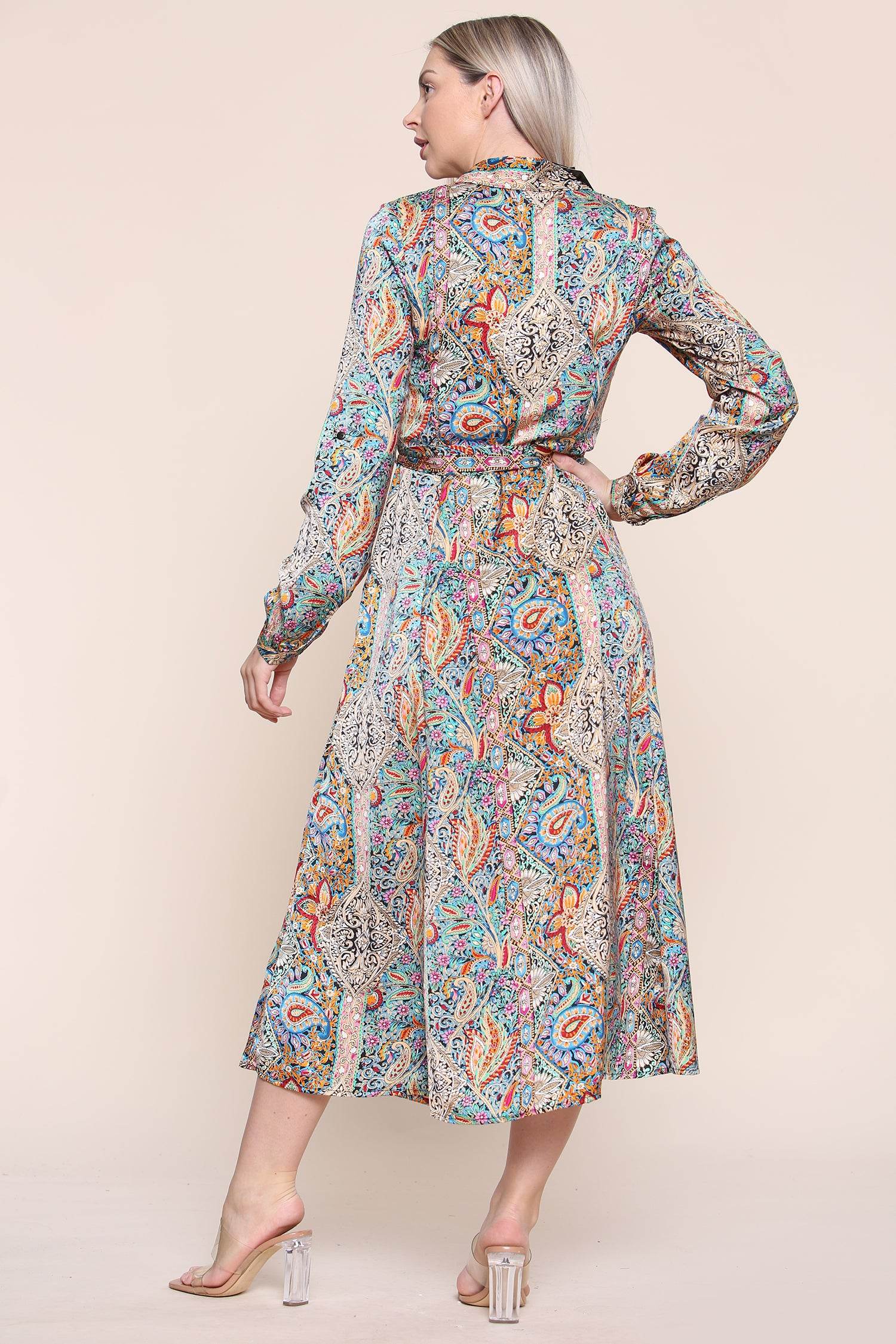 Paisley Maxi Dress Long Sleeve In Green LS-2037-C15