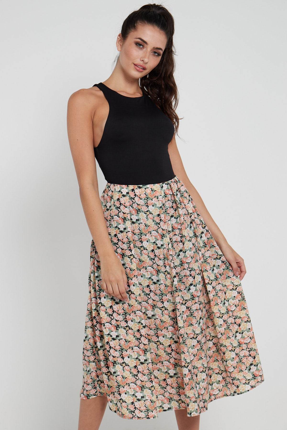 Rose Floral Printed Side Slit Pleated Midi Skirt LS-2145-Q2