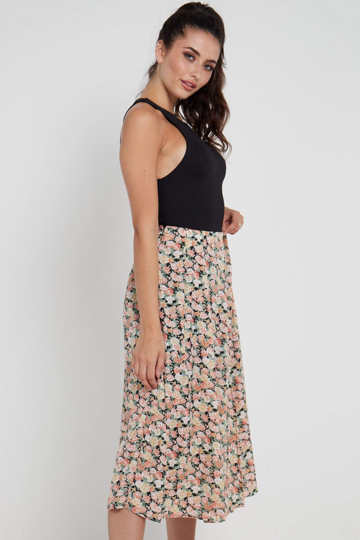 Rose Floral Printed Side Slit Pleated Midi Skirt LS-2145-Q2
