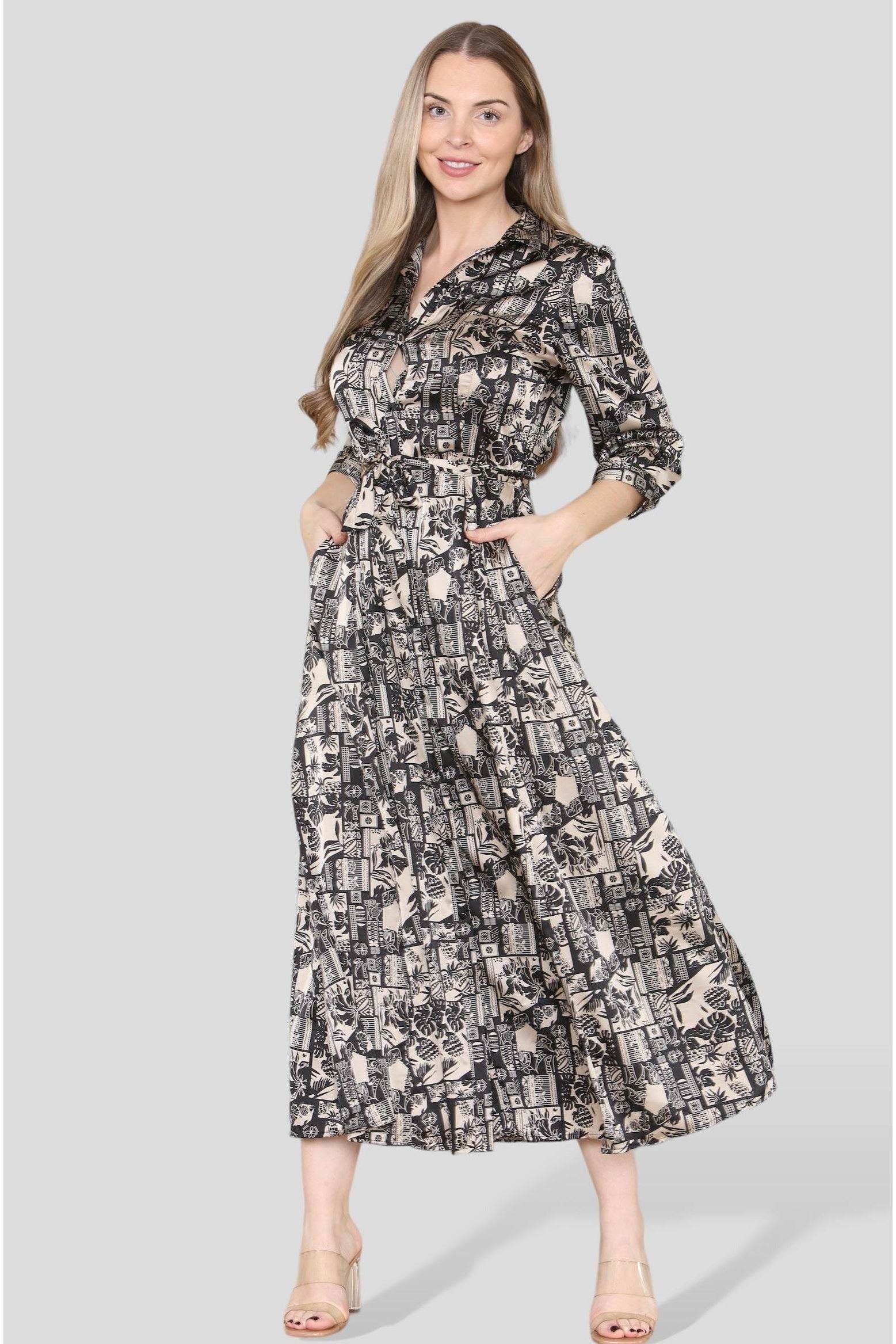 Mono Mixed Scarf Print Satin Maxi Shirt Dress LS-2280-C9