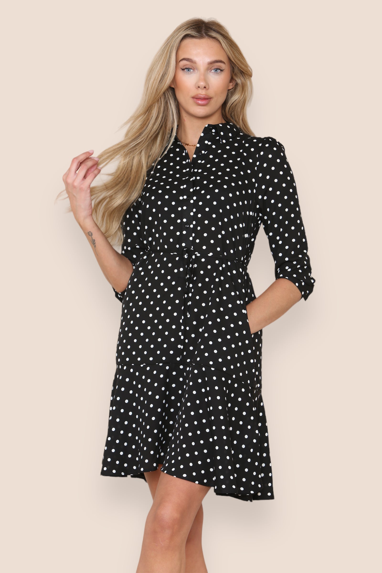 Black Polka Dot Frilled Hem Mini Dress LS-2319-LC4
