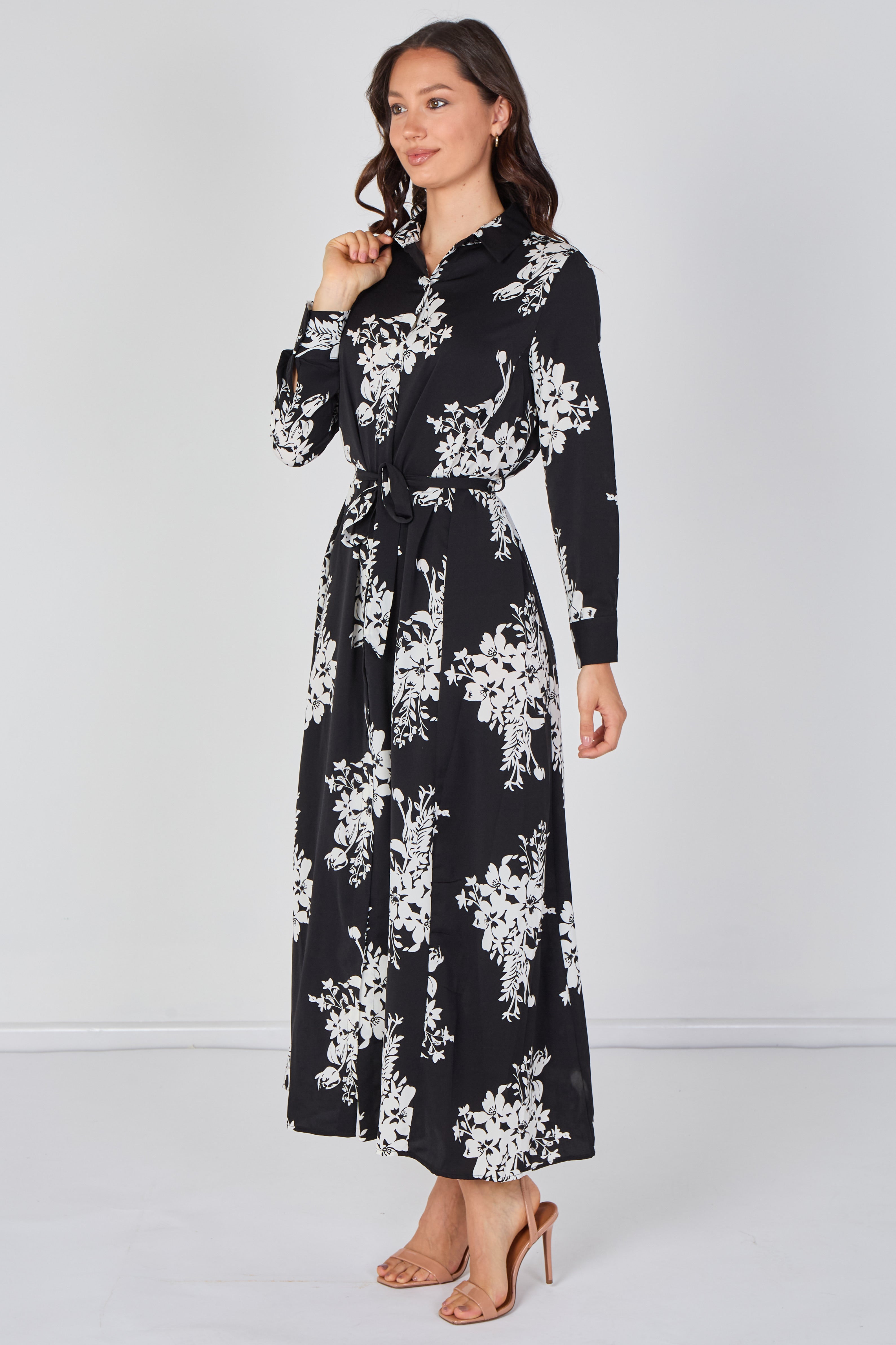 Black And White Floral Belted Maxi Shirt Dress LS-2430LL-GM1