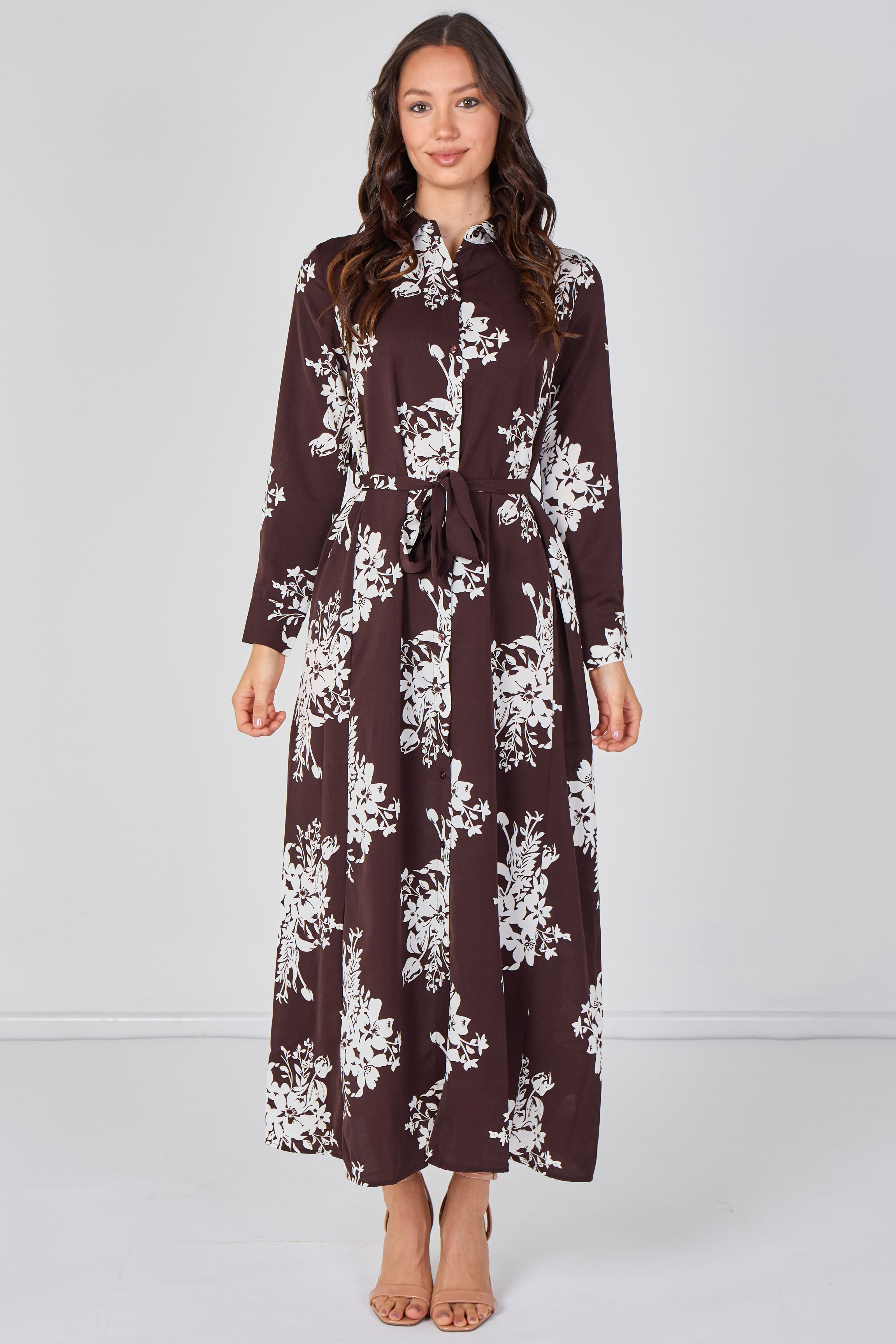 Chocolate And White Floral Belted Maxi Shirt Dress LS-2430LL-GM2