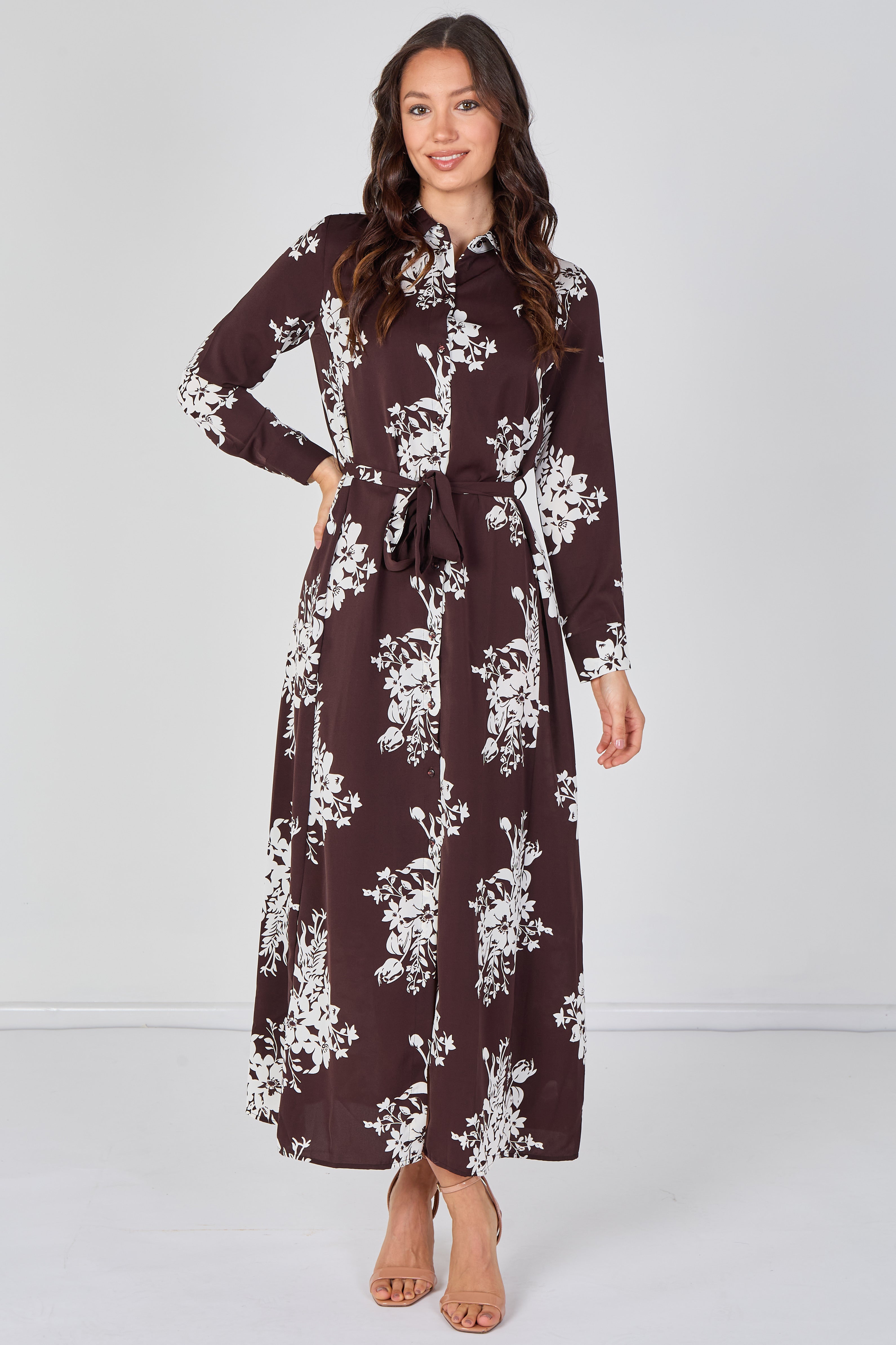 Chocolate And White Floral Belted Maxi Shirt Dress LS-2430LL-GM2