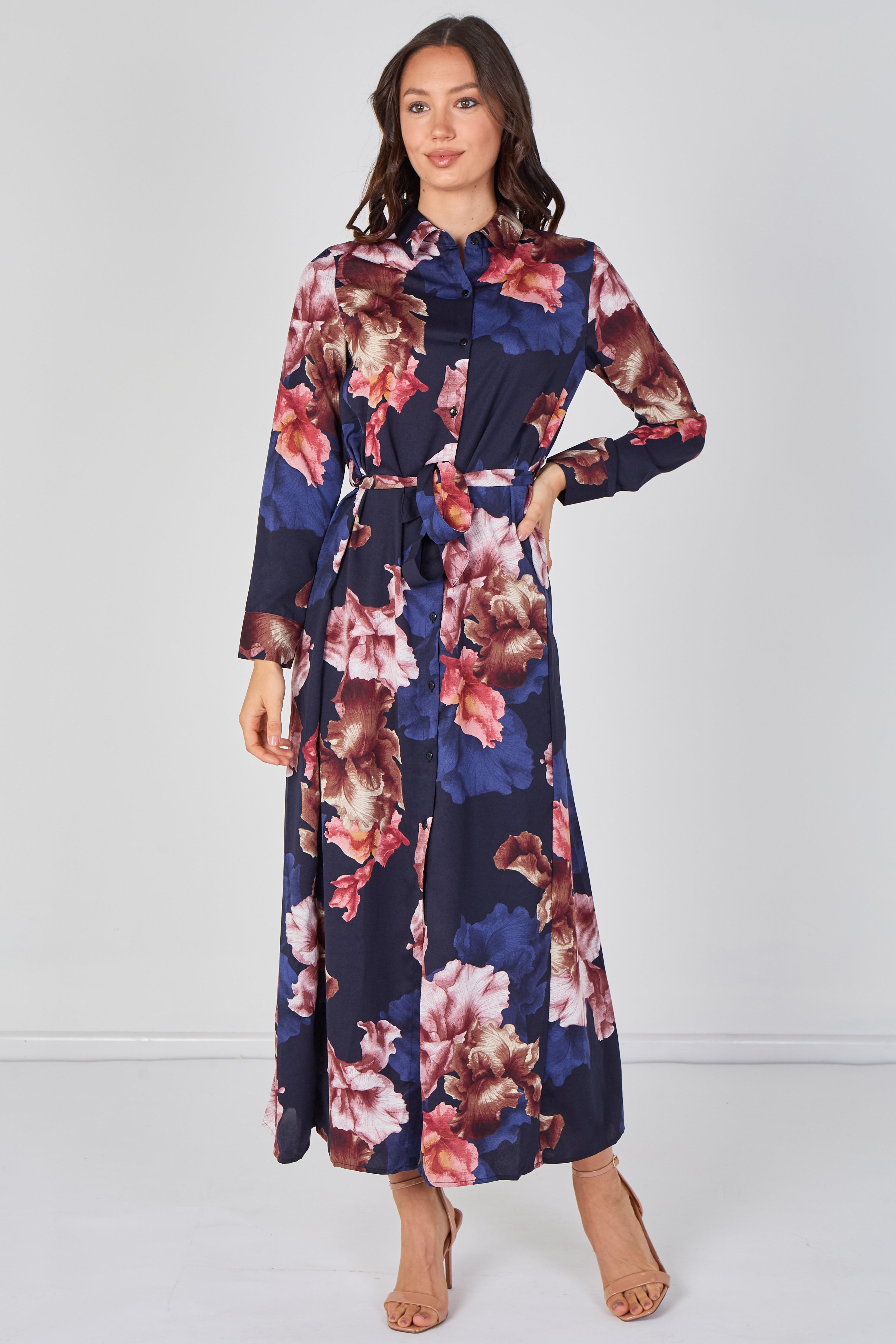 Navy Iris Floral Belted Maxi Shirt Dress LS-2430LL-GM4