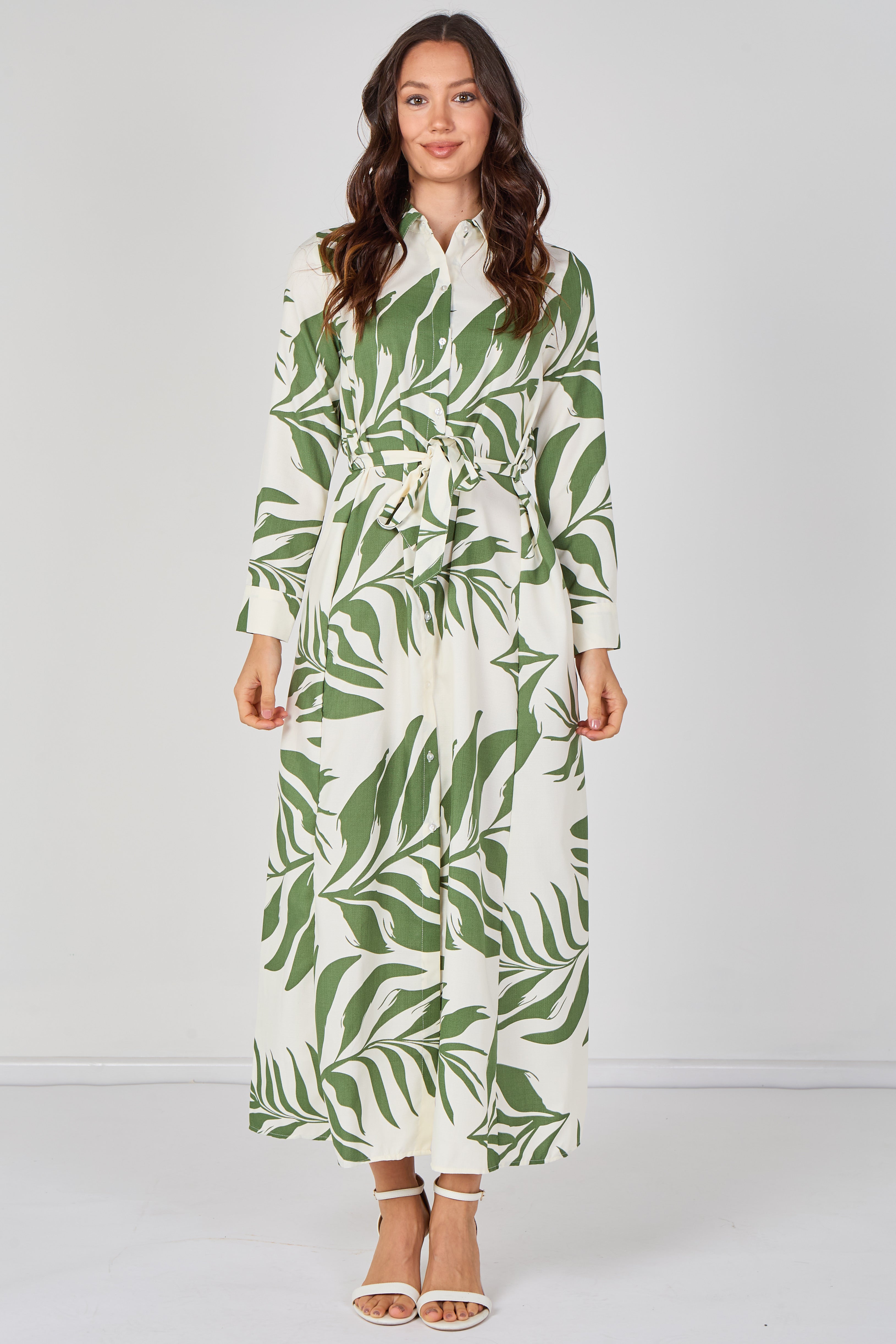 Green Palm Print Belted Maxi Shirt Dress LS-2430LL-GM5