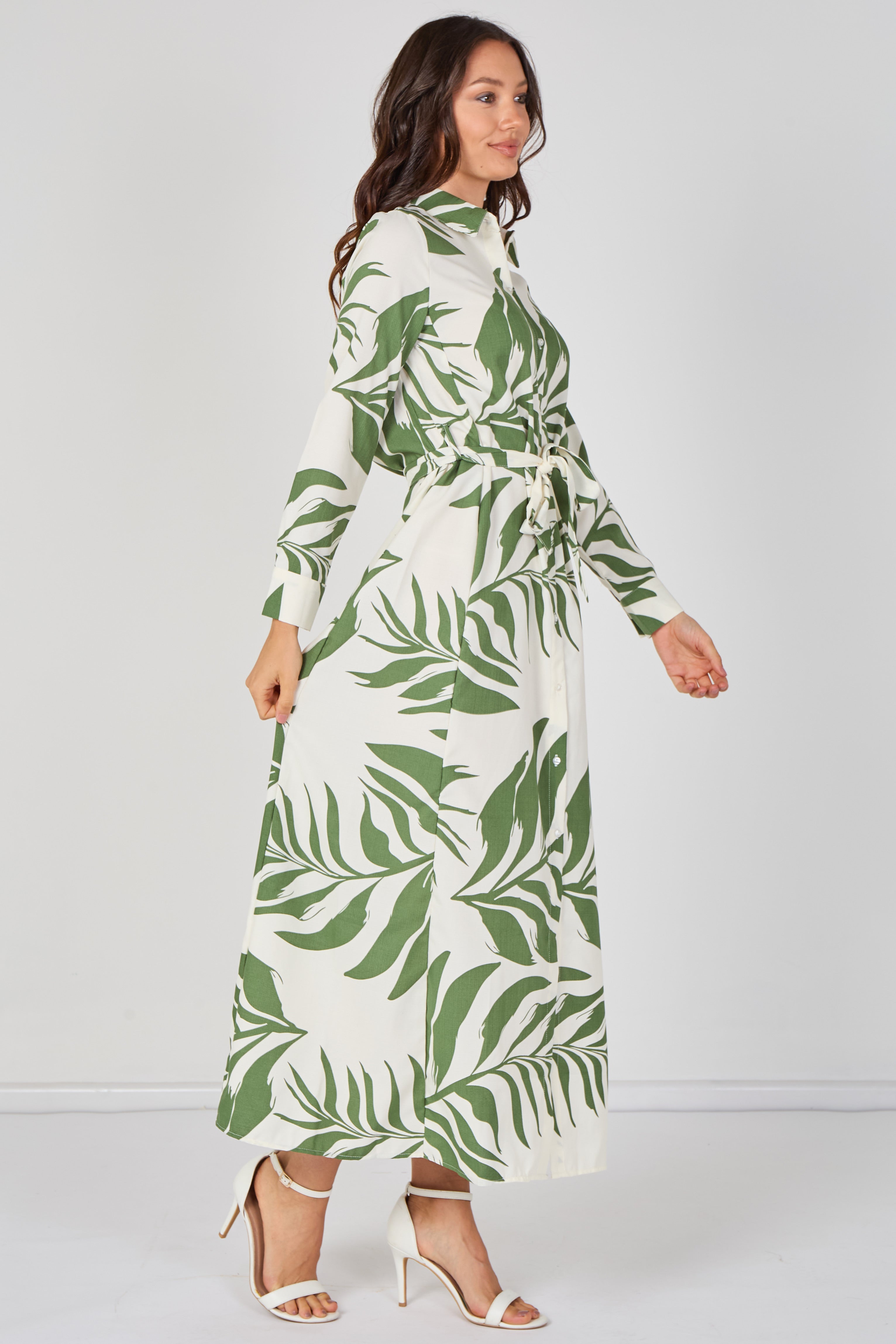 Green Palm Print Belted Maxi Shirt Dress LS-2430LL-GM5