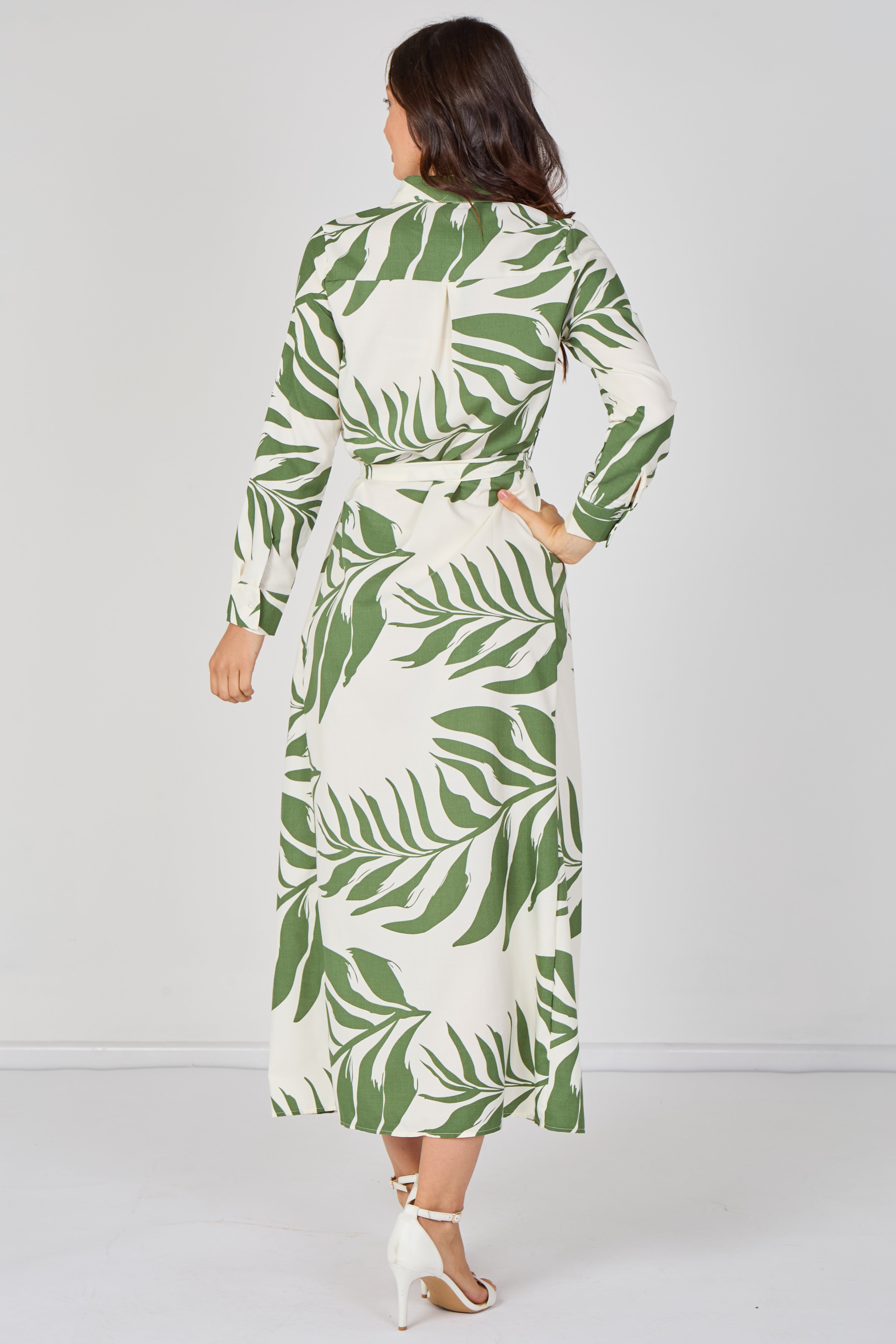 Green Palm Print Belted Maxi Shirt Dress LS-2430LL-GM5