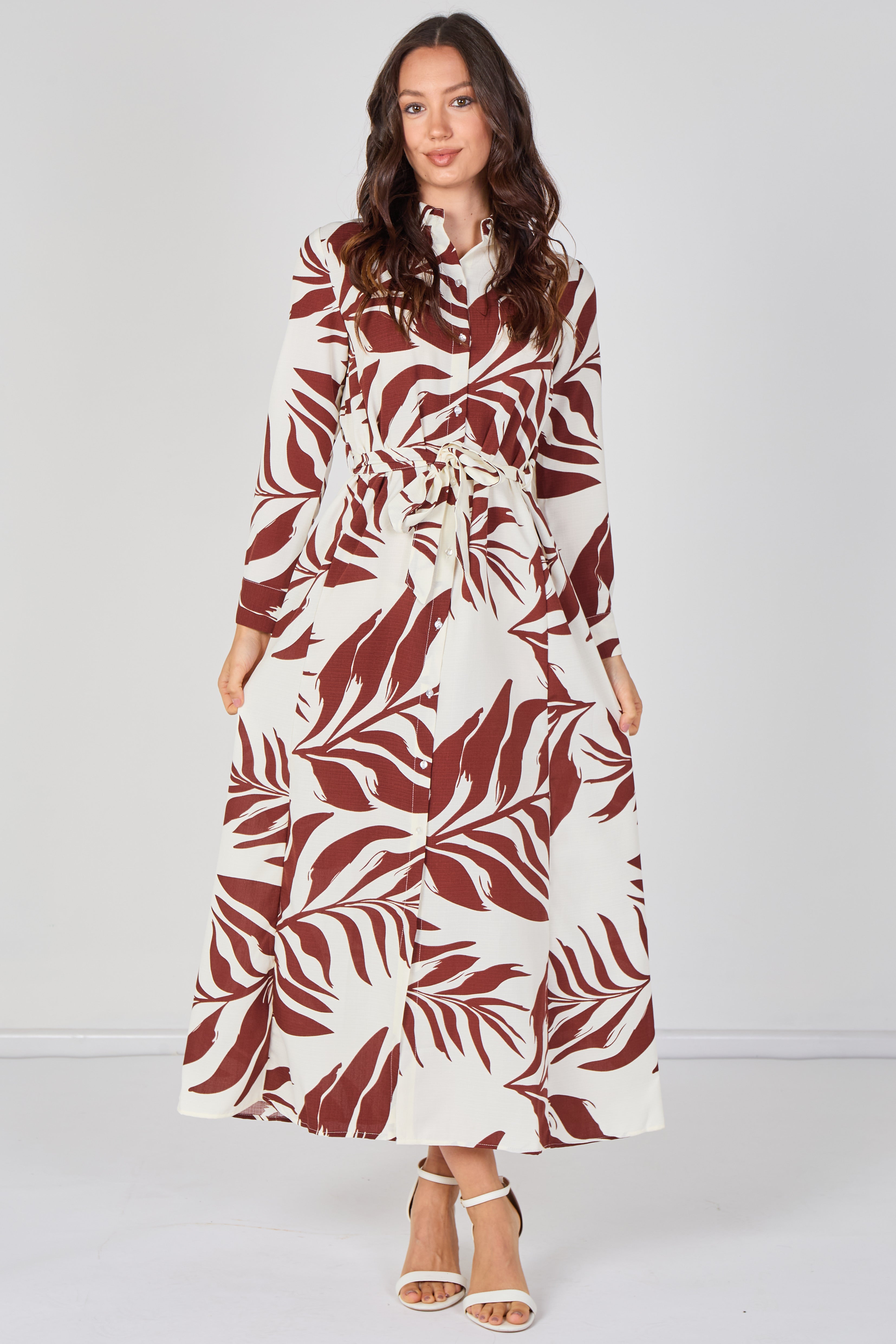 Rust Palm Print Belted Maxi Shirt Dress LS-2430LL-GM6