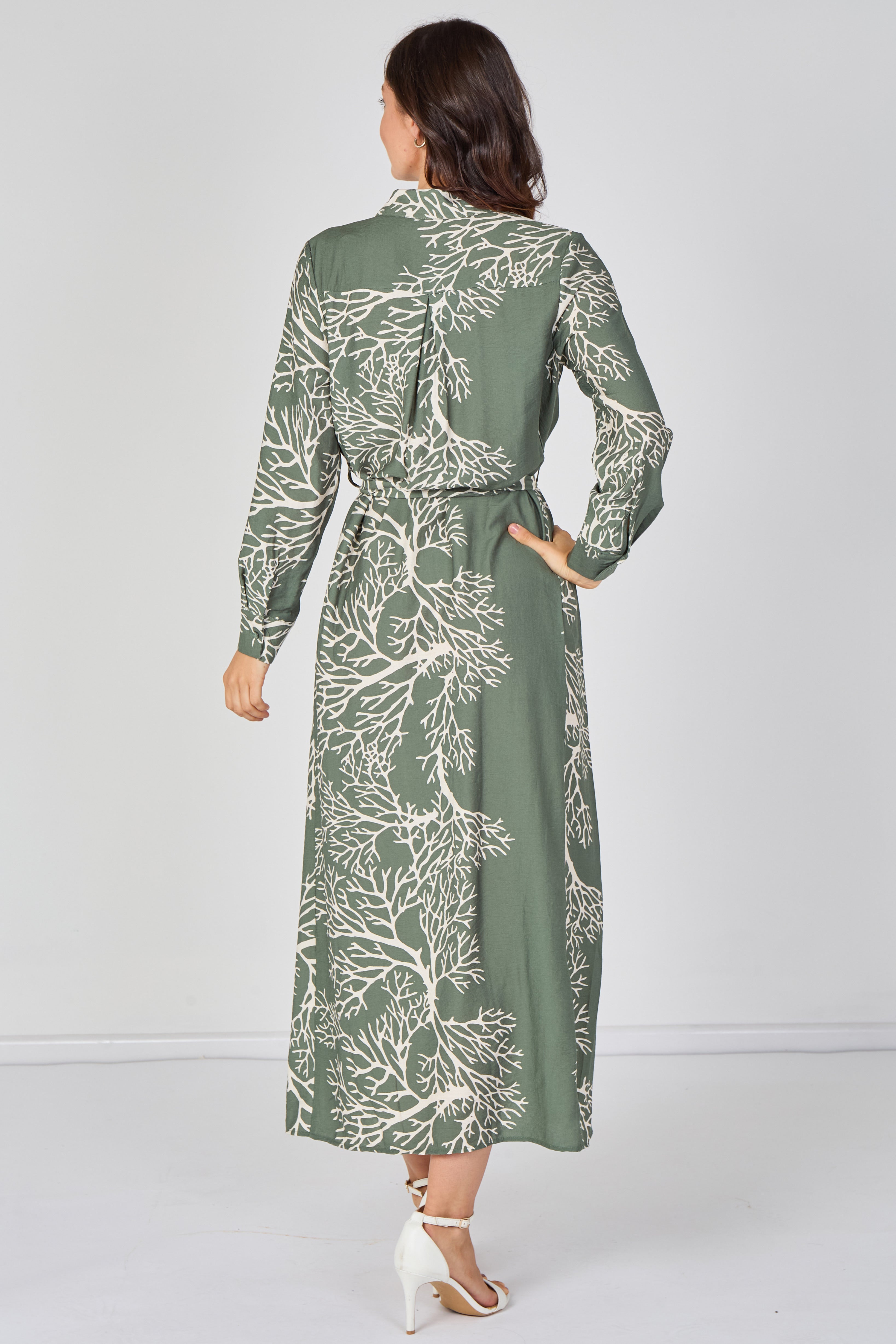 Sage Coral Print Belted Maxi Shirt Dress LS-2430LL-GM7