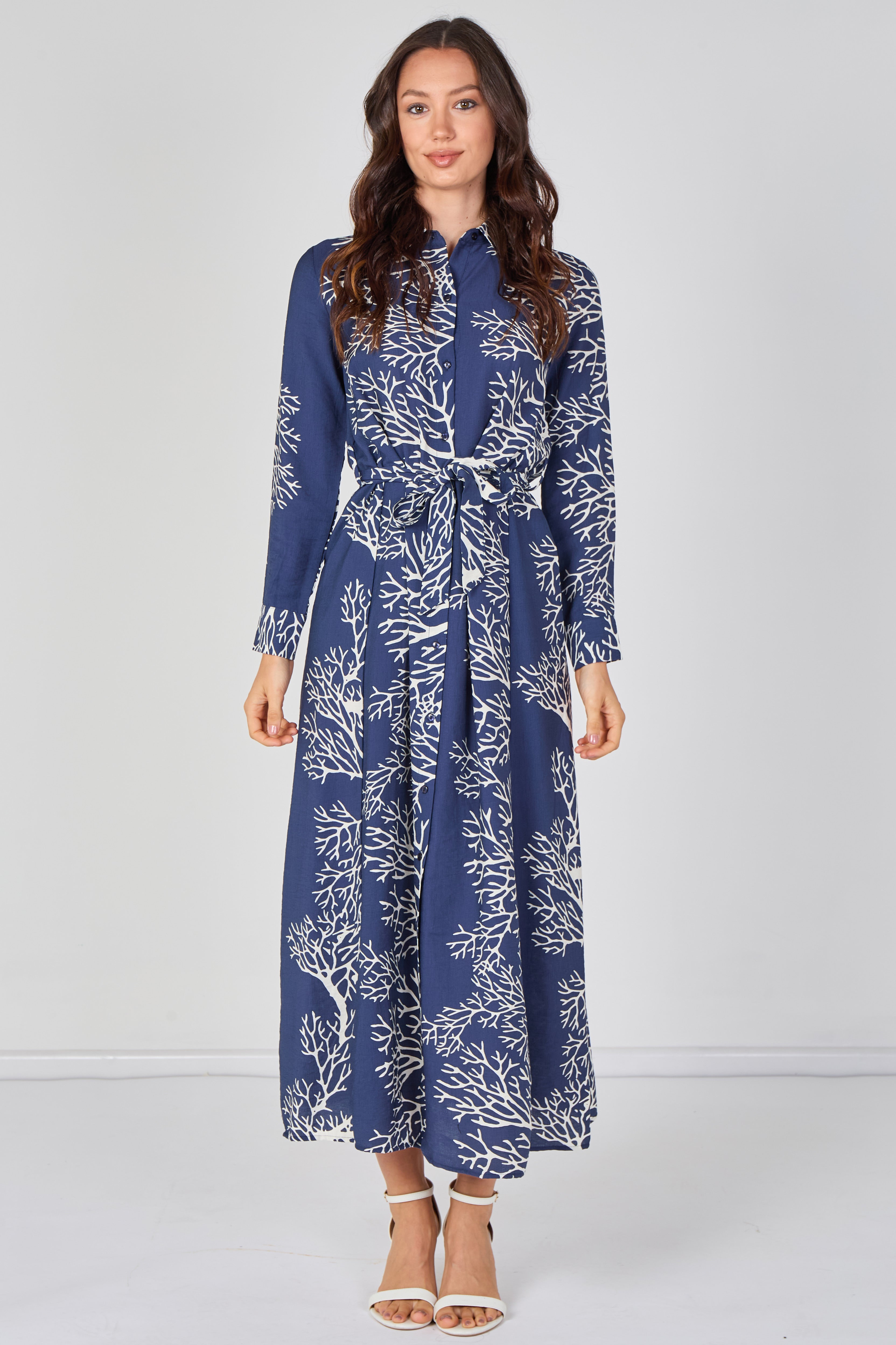 Navy Coral Print Belted Maxi Shirt Dress LS-2430LL-GM8