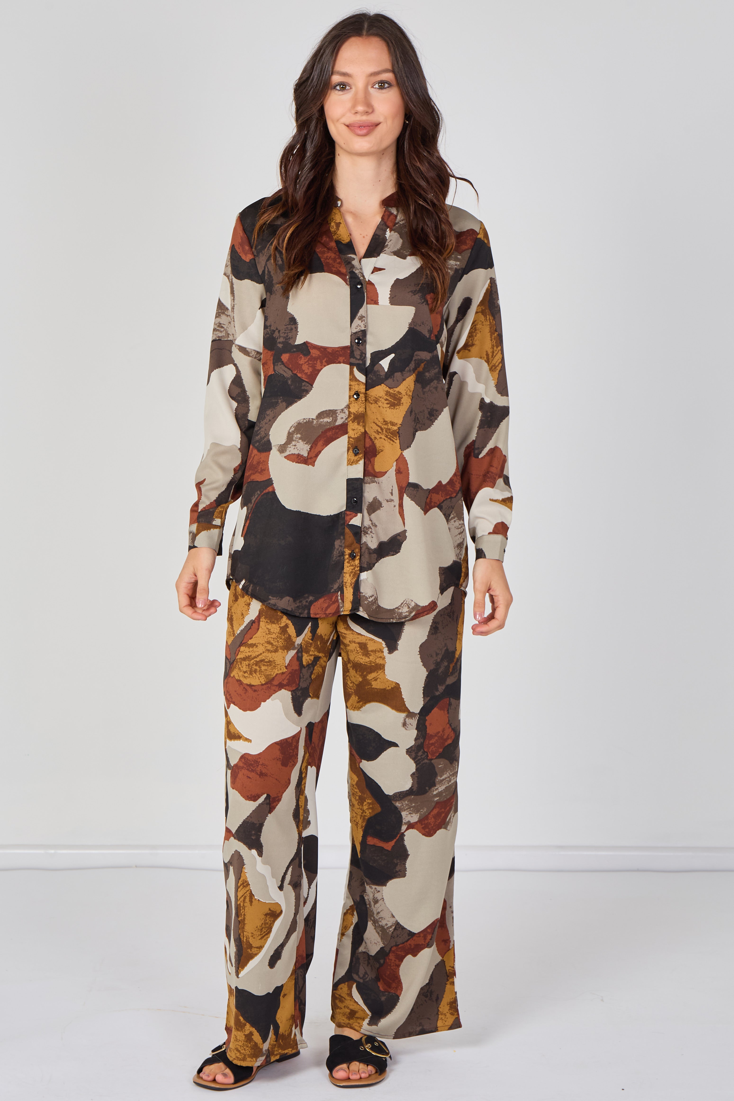 Taupe Abstract Print Shirt And Trouser Co-Ord Set LS-2522&9057-TY9