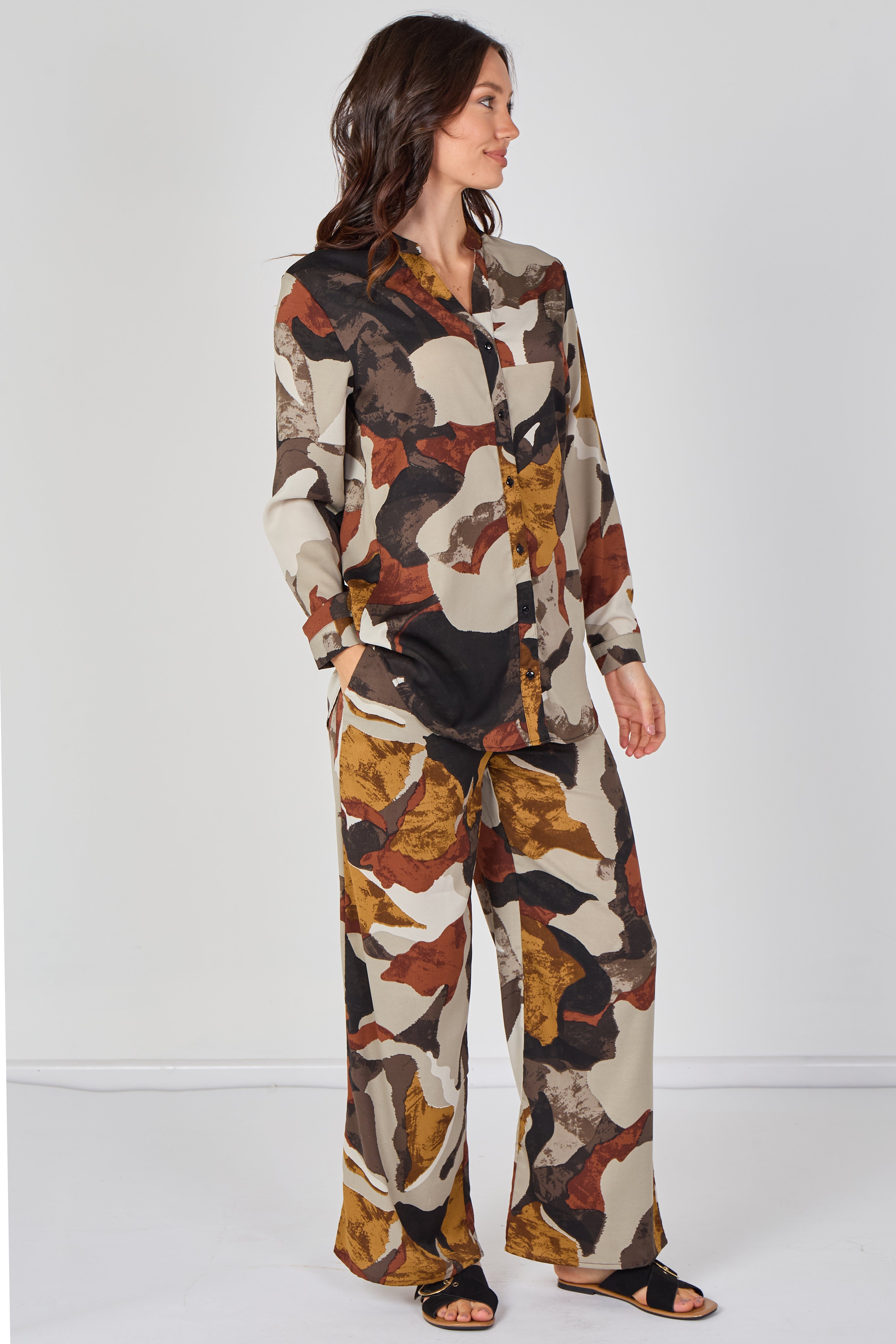 Taupe Abstract Print Shirt And Trouser Co-Ord Set LS-2522&9057-TY9
