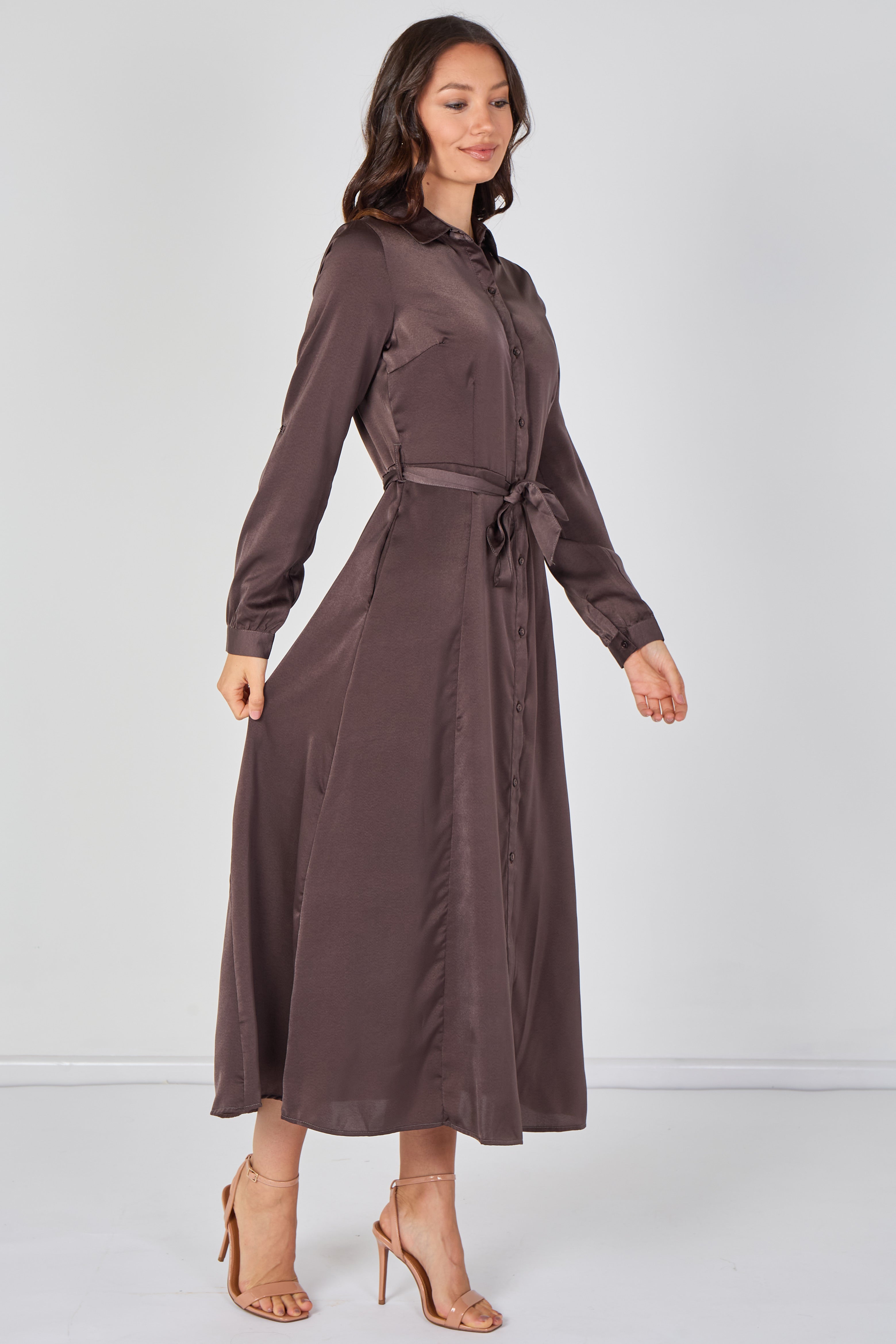 Mocha Brown Velvety Satin Belted Maxi Shirt Dress LS-2443L-CSR-156