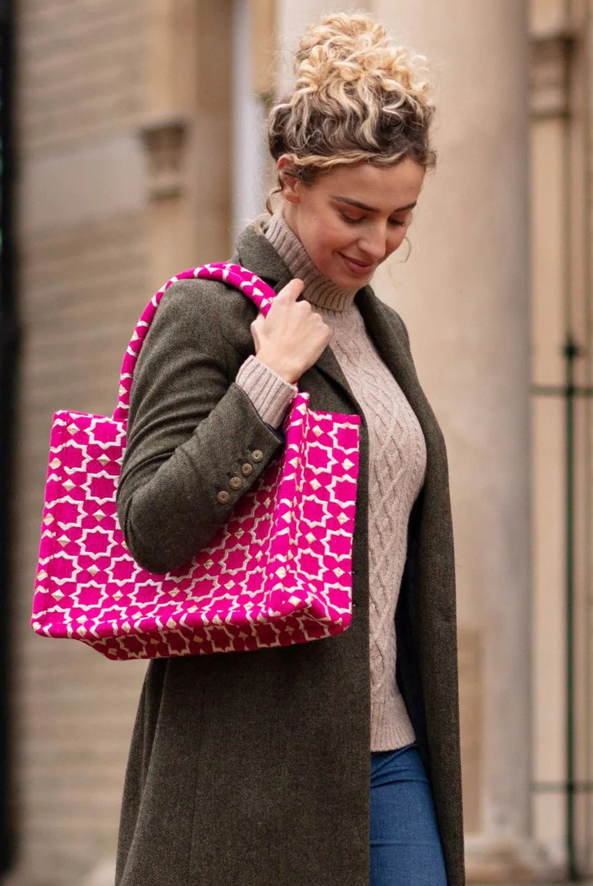 Moroccan Geometric Print Fabric Tote Bag In Pink 8003