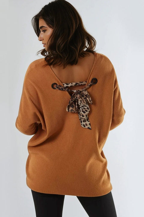 Camel V Neck Jumper With Leopard Bow by Aftershock London