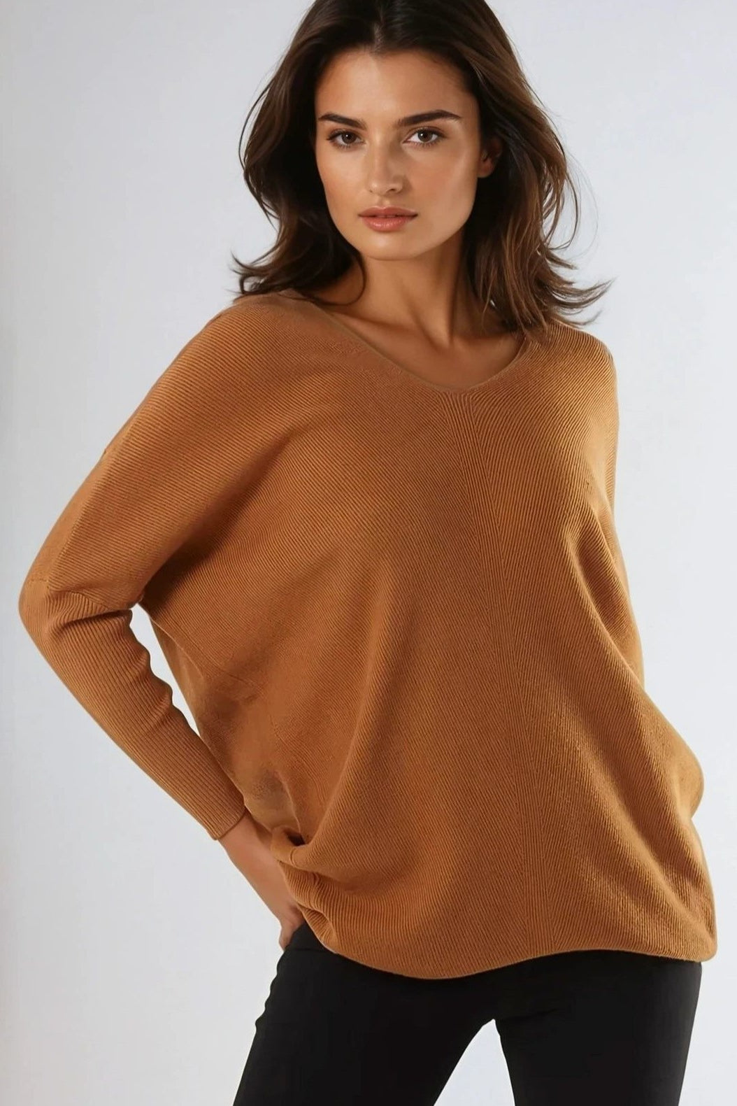 Camel V Neck Jumper With Leopard Bow ALQ2886014