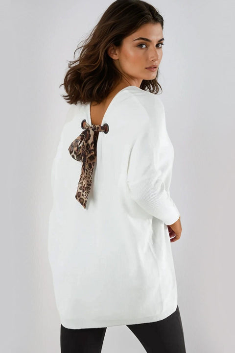Ivory V Neck Jumper With Leopard Bow by Aftershock London