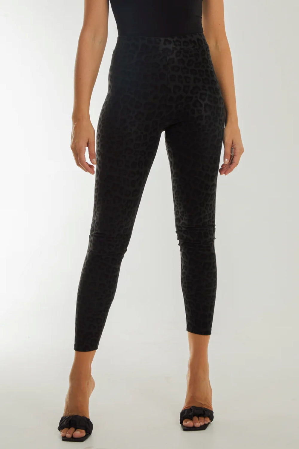 Black Leopard Print Leather Look Leggings ALN234211003