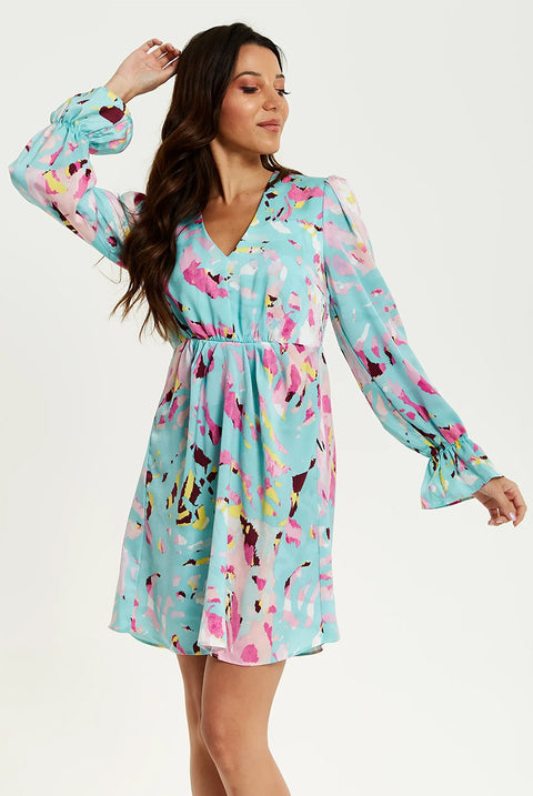 Blue Abstract Print Mini Dress With Open Back And Long Sleeves by Liquorish