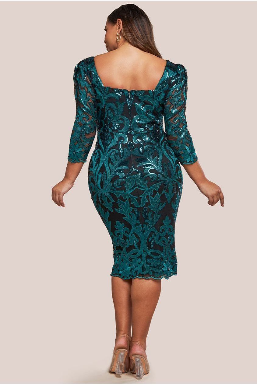 Square Neck Scalloped Embroidered Sequin Midi Dress - Emerald Green DR4124PLUS