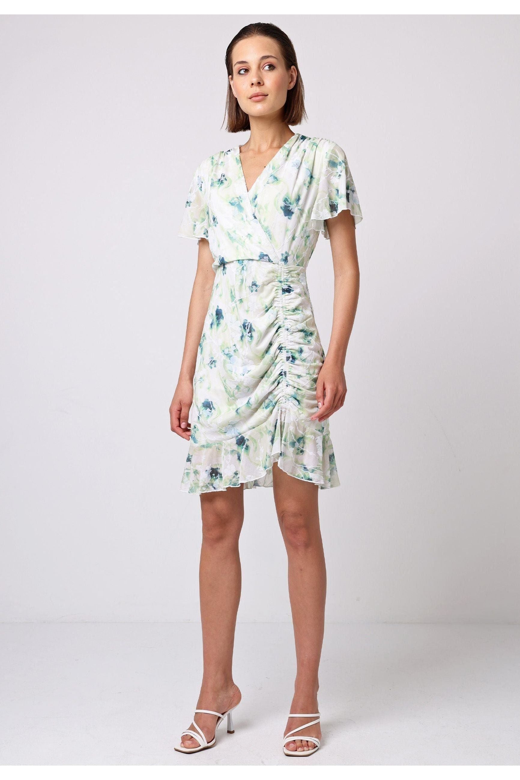 Wrap Ruched Mini Dress With Ruffle Hem In Green Floral Burnout Print M035500GRNF
