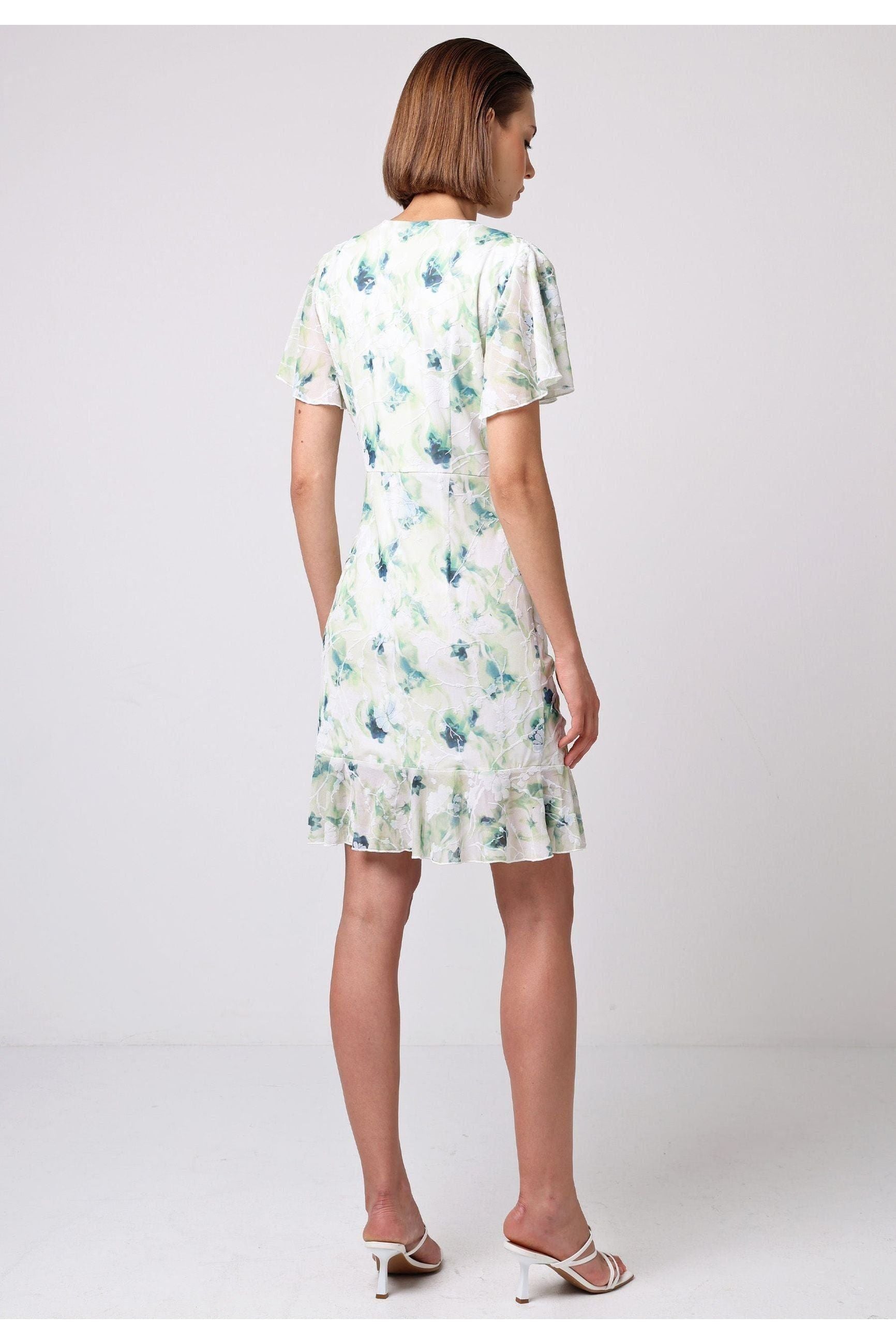 Wrap Ruched Mini Dress With Ruffle Hem In Green Floral Burnout Print M035500GRNF
