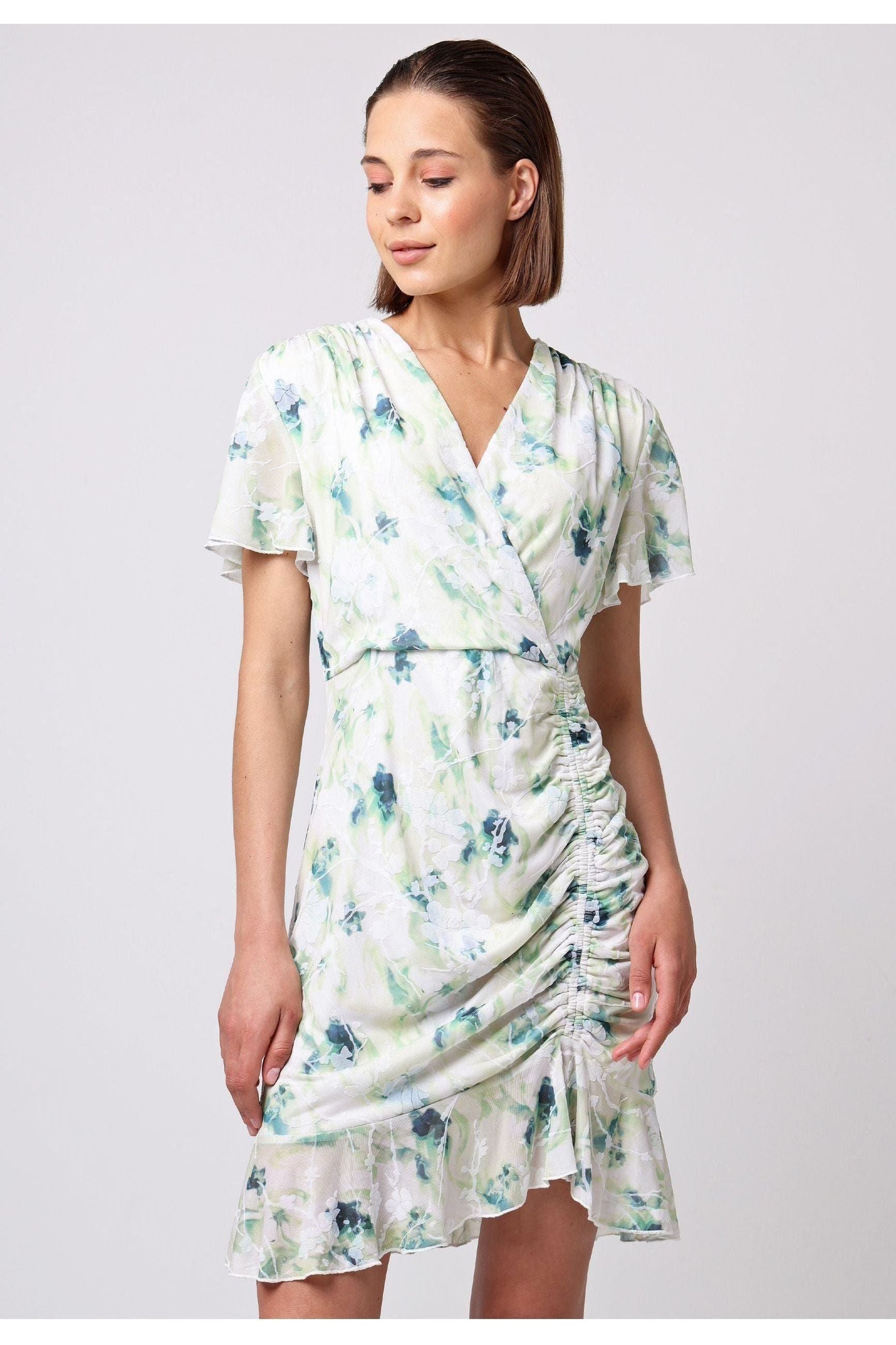 Wrap Ruched Mini Dress With Ruffle Hem In Green Floral Burnout Print M035500GRNF