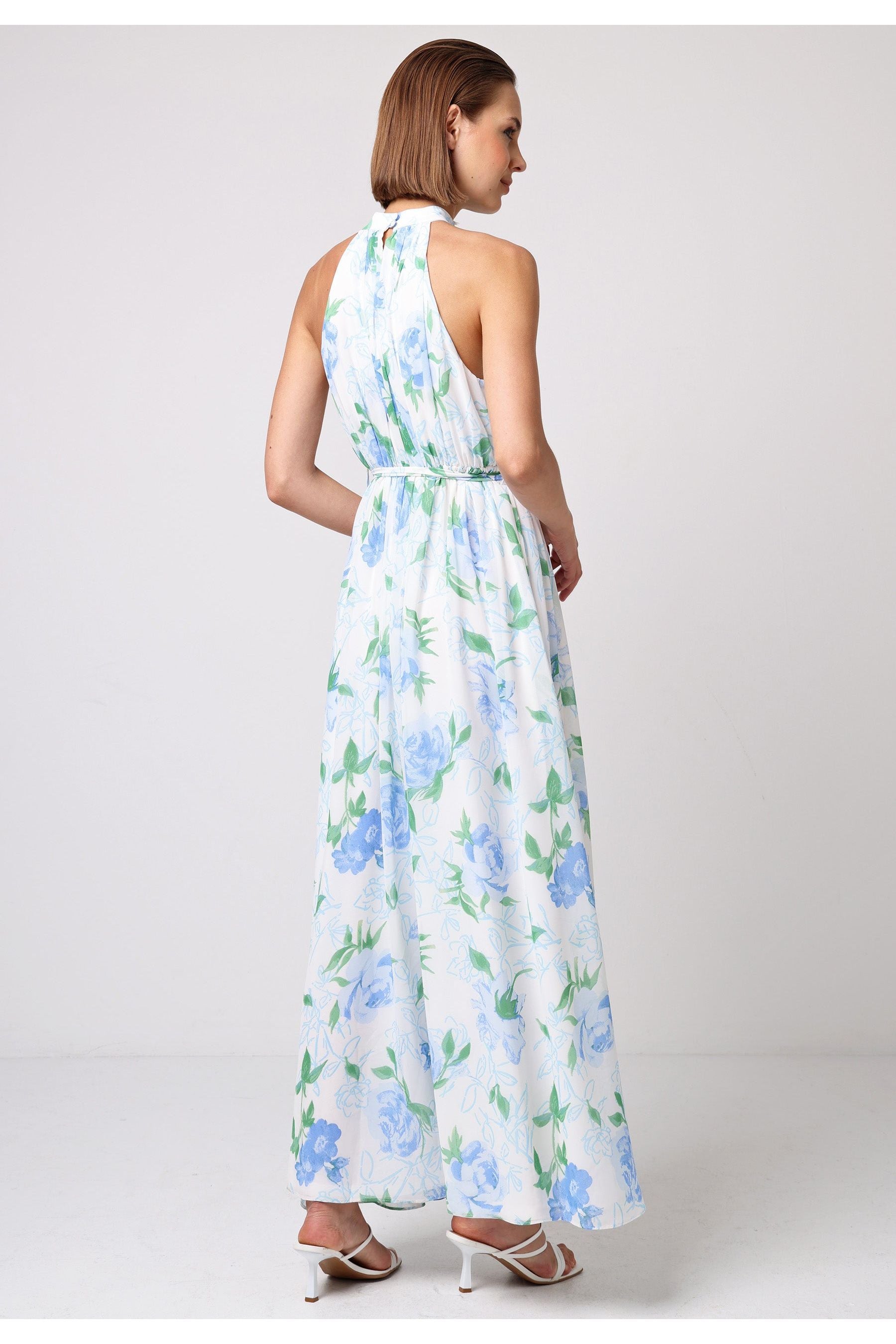 Chiffon Halter Neck Maxi Dress With Tie Waist In White Blue Floral M035519BLEF