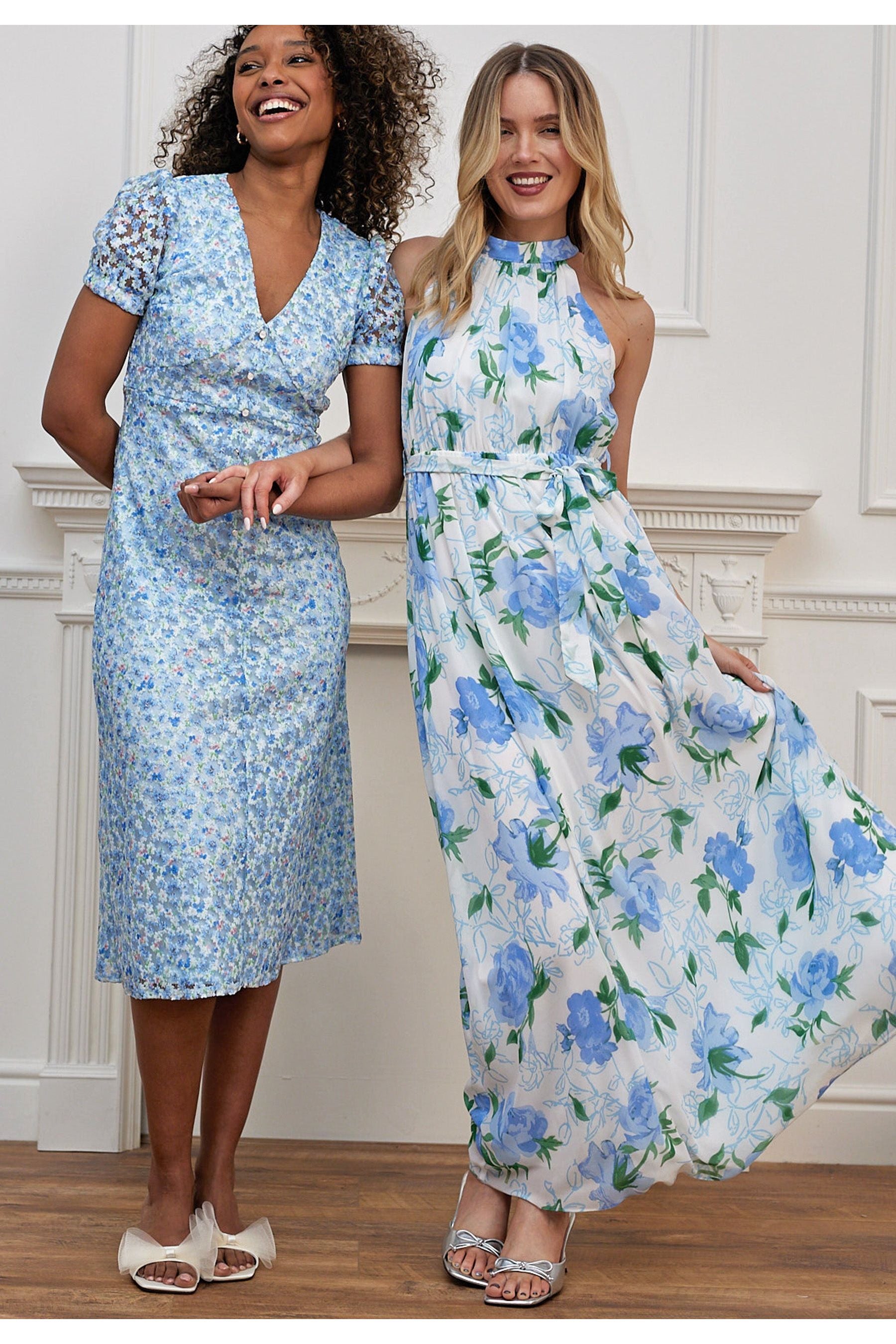 Chiffon Halter Neck Maxi Dress With Tie Waist In White Blue Floral M035519BLEF