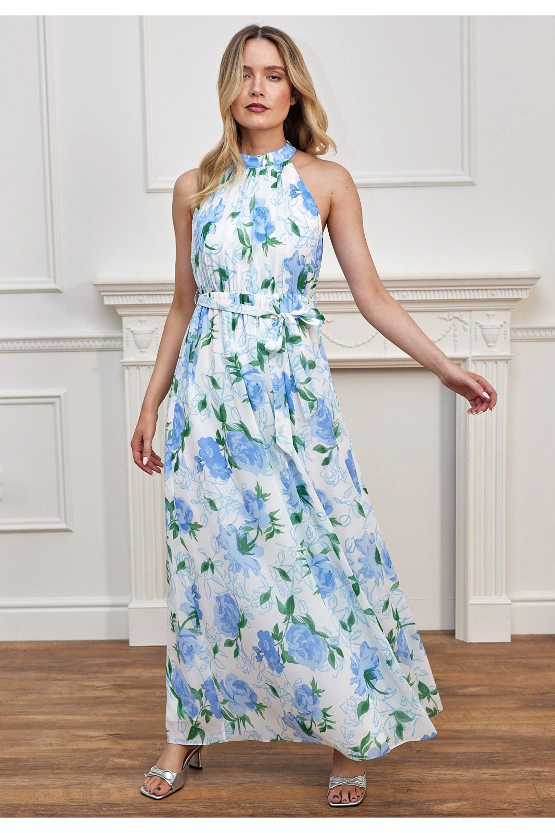 Chiffon Halter Neck Maxi Dress With Tie Waist In White Blue Floral M035519BLEF