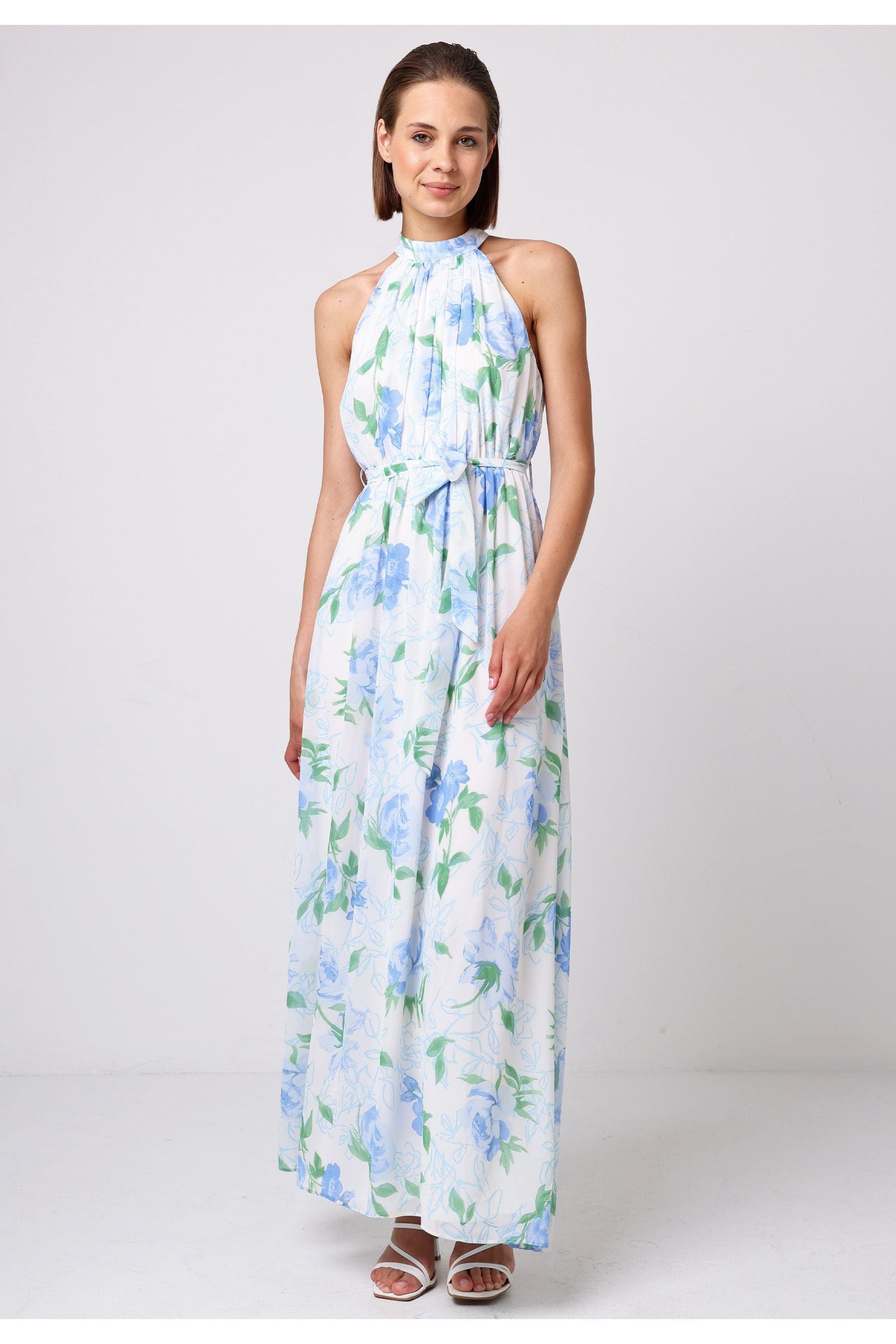 Chiffon Halter Neck Maxi Dress With Tie Waist In White Blue Floral M035519BLEF