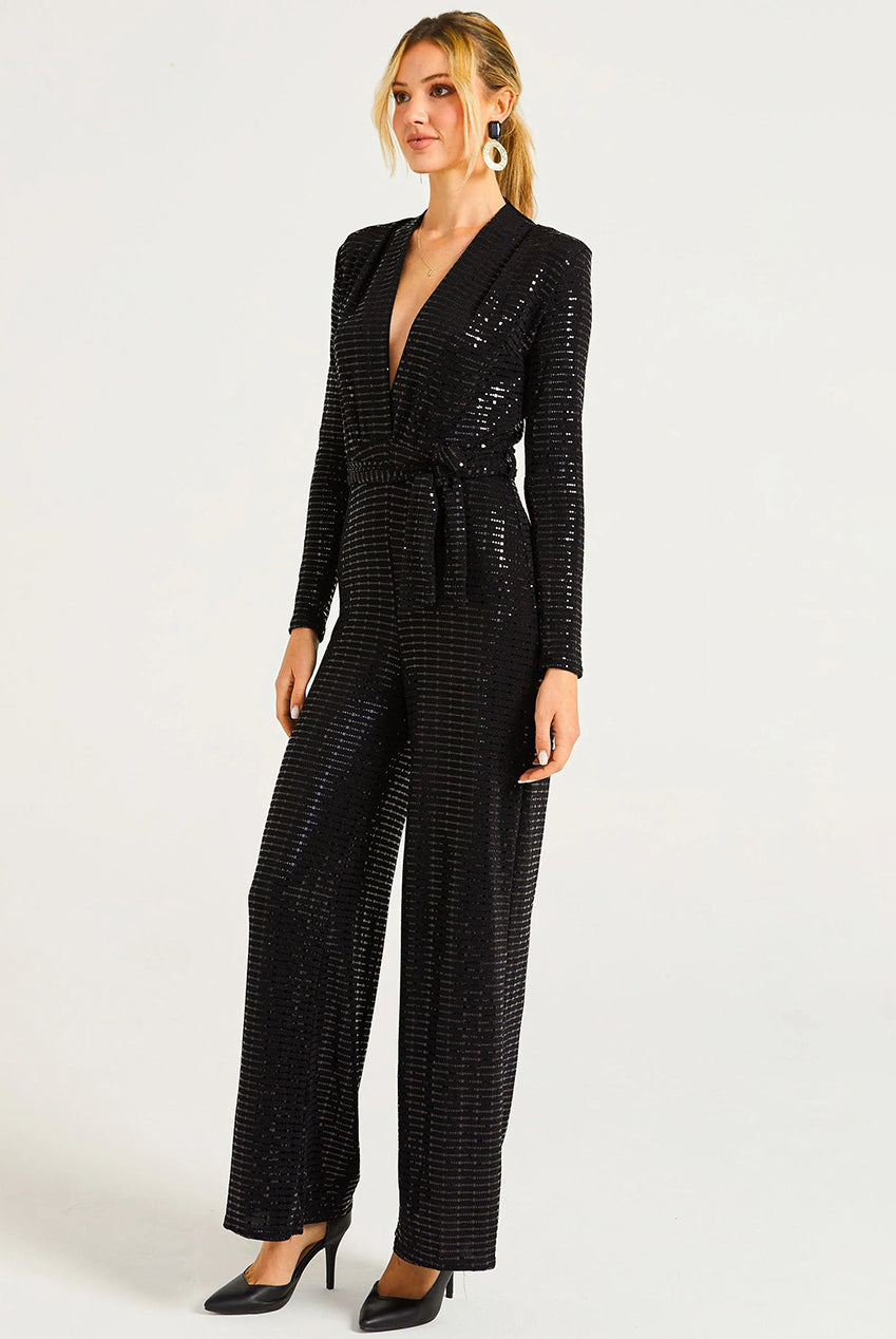 Sequin Plunge Neck Jumpsuit In Black M043143