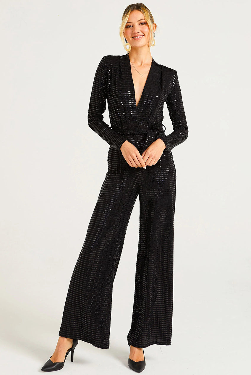 Sequin Plunge Neck Jumpsuit In Black M043143
