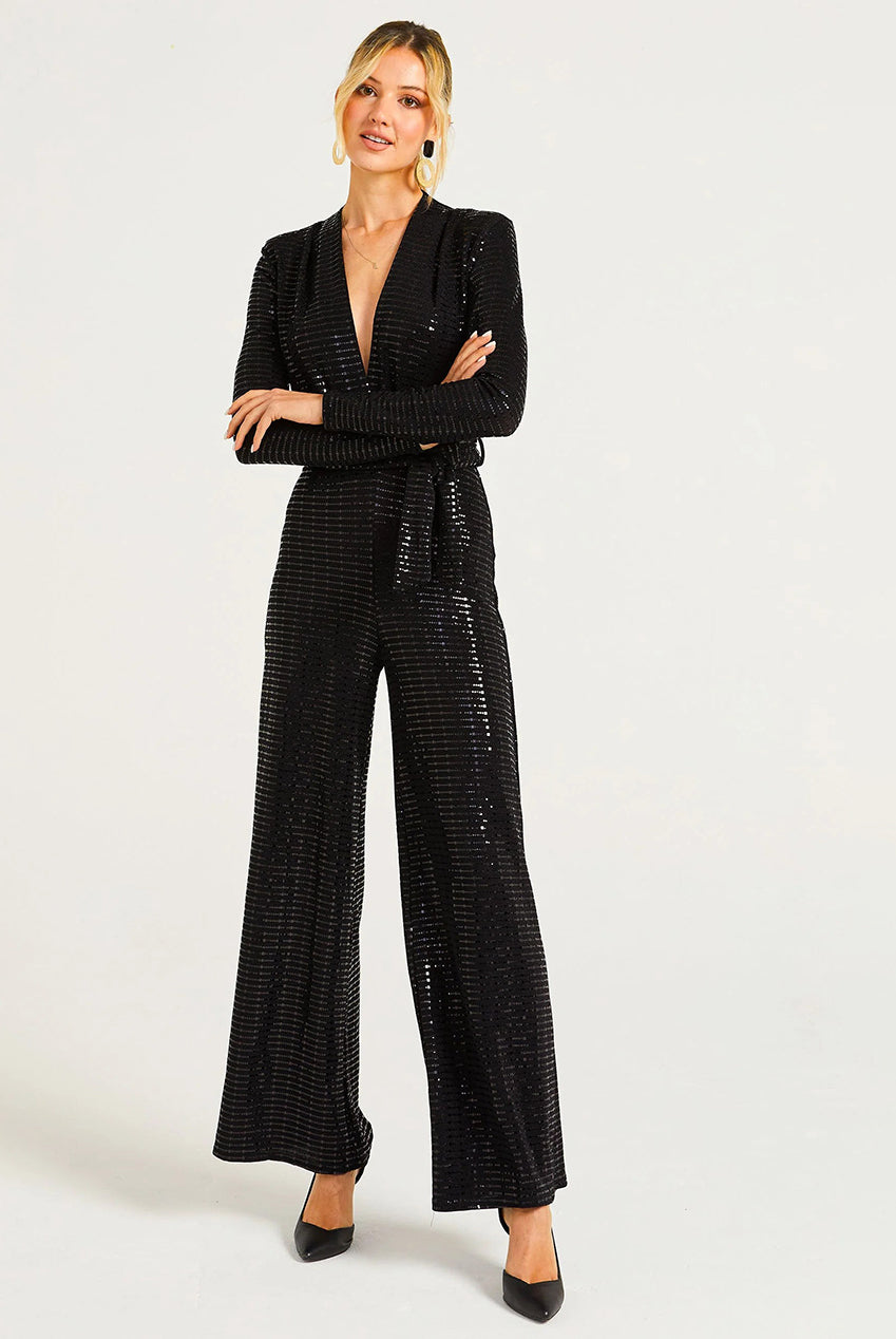 Sequin Plunge Neck Jumpsuit In Black M043143