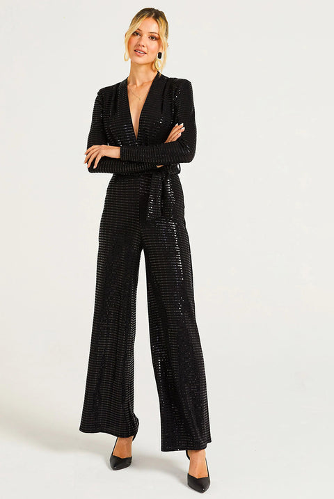 Sequin Plunge Neck Jumpsuit In Black by Angeleye