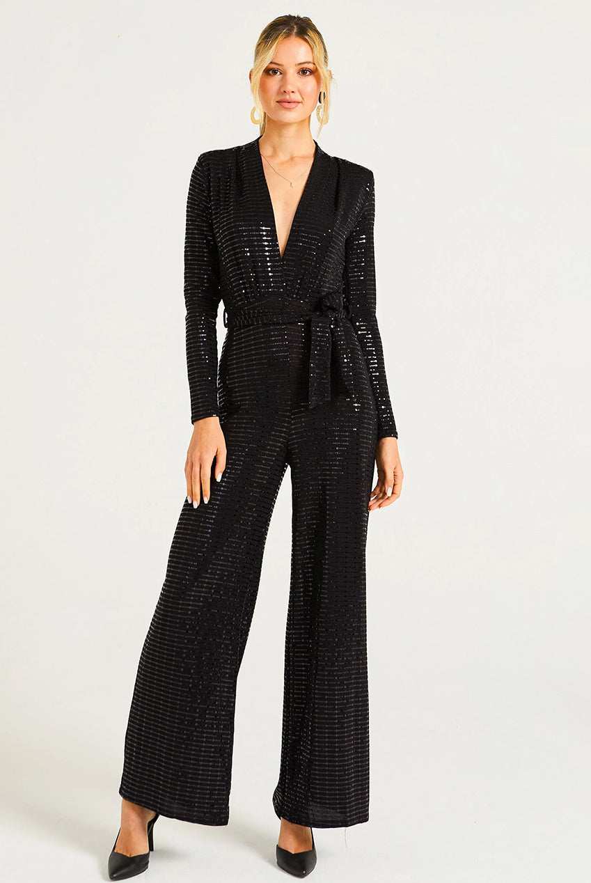 Sequin Plunge Neck Jumpsuit In Black M043143