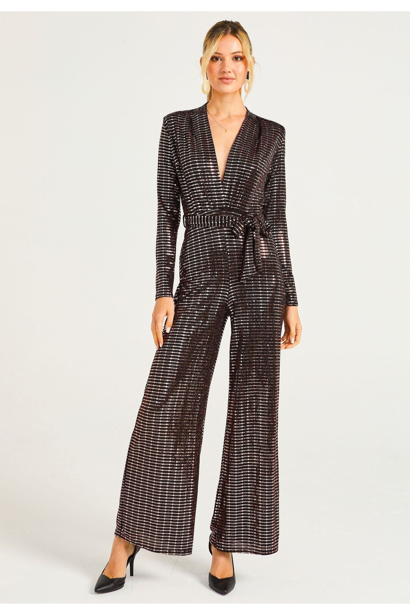 Sequin Plunge Neck Faux Wrap Jumpsuit In Gold M035656GLDF