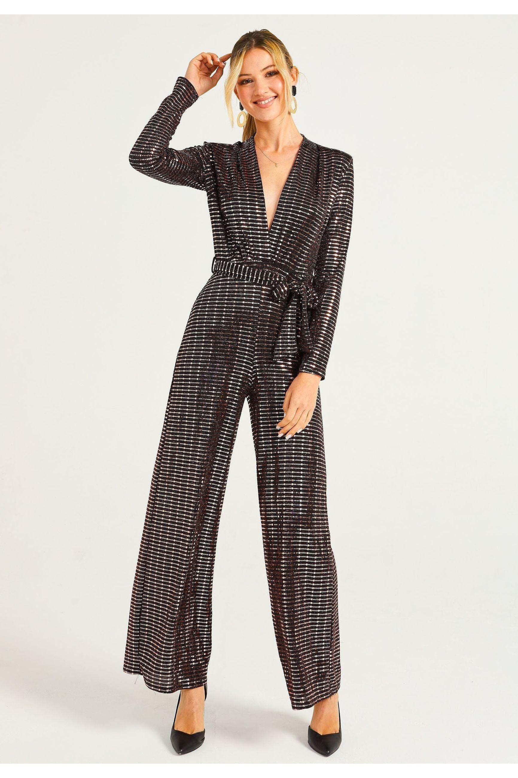 Sequin Plunge Neck Faux Wrap Jumpsuit In Gold M035656GLDF