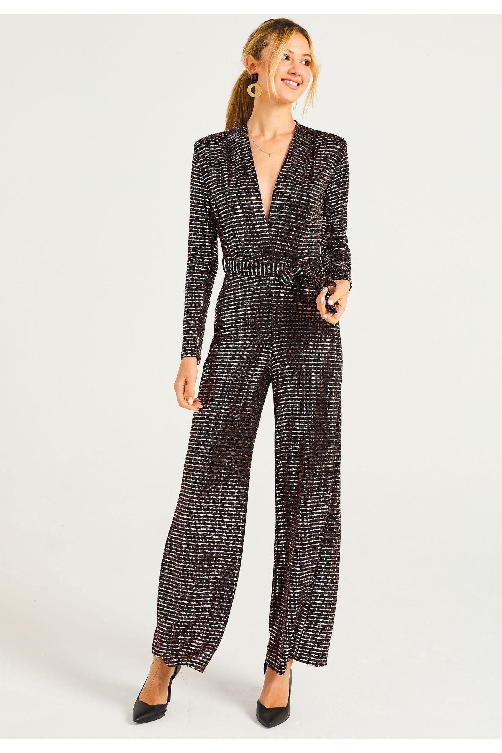 Sequin Plunge Neck Faux Wrap Jumpsuit In Gold M035656GLDF