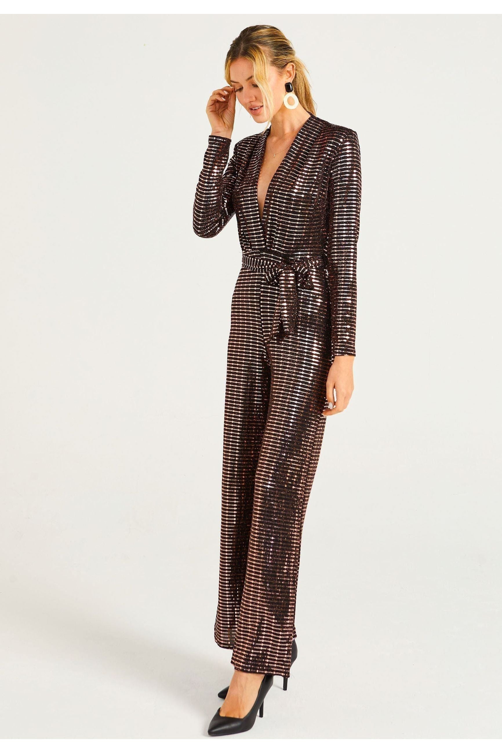 Sequin Plunge Neck Faux Wrap Jumpsuit In Gold M035656GLDF