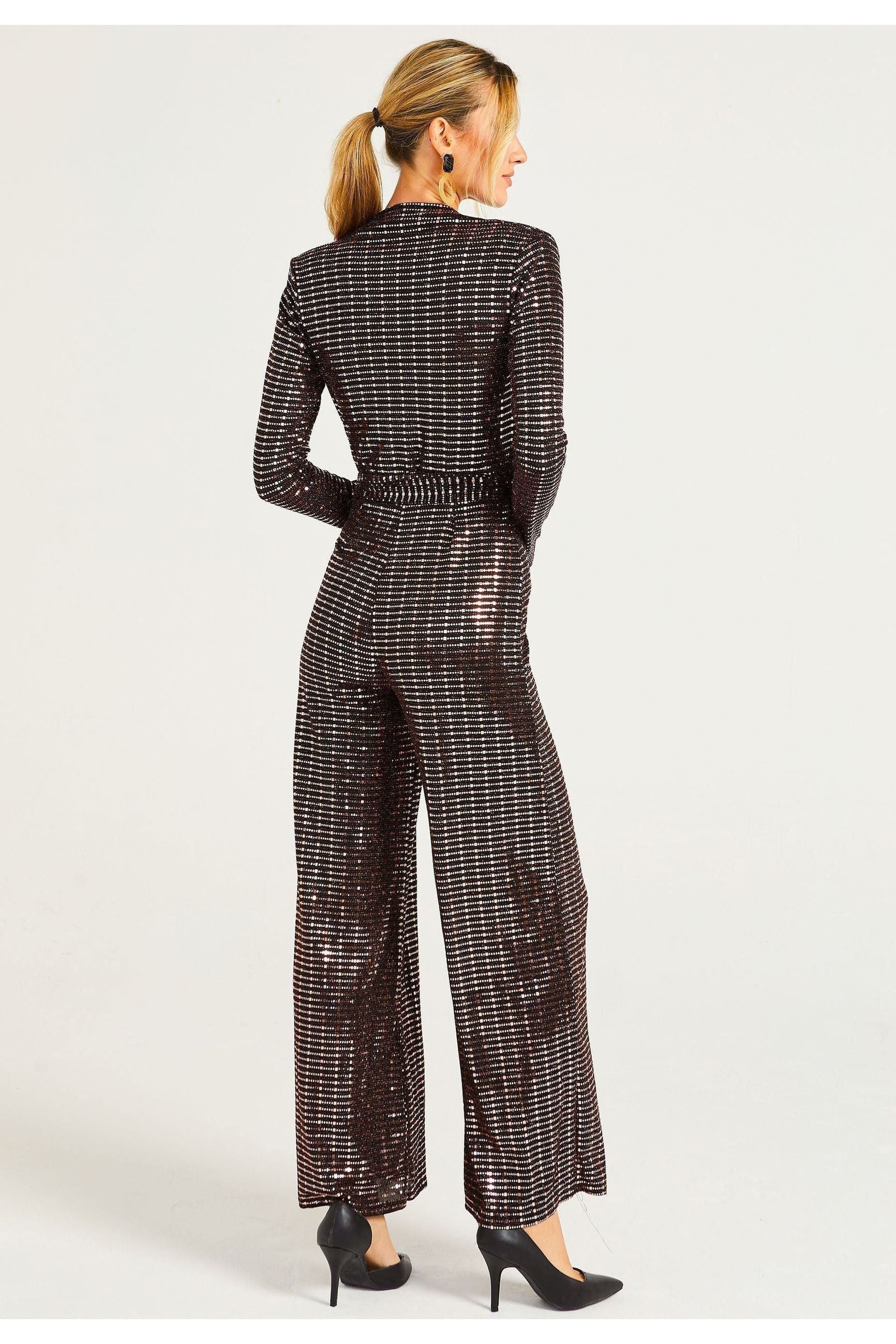 Sequin Plunge Neck Faux Wrap Jumpsuit In Gold M035656GLDF