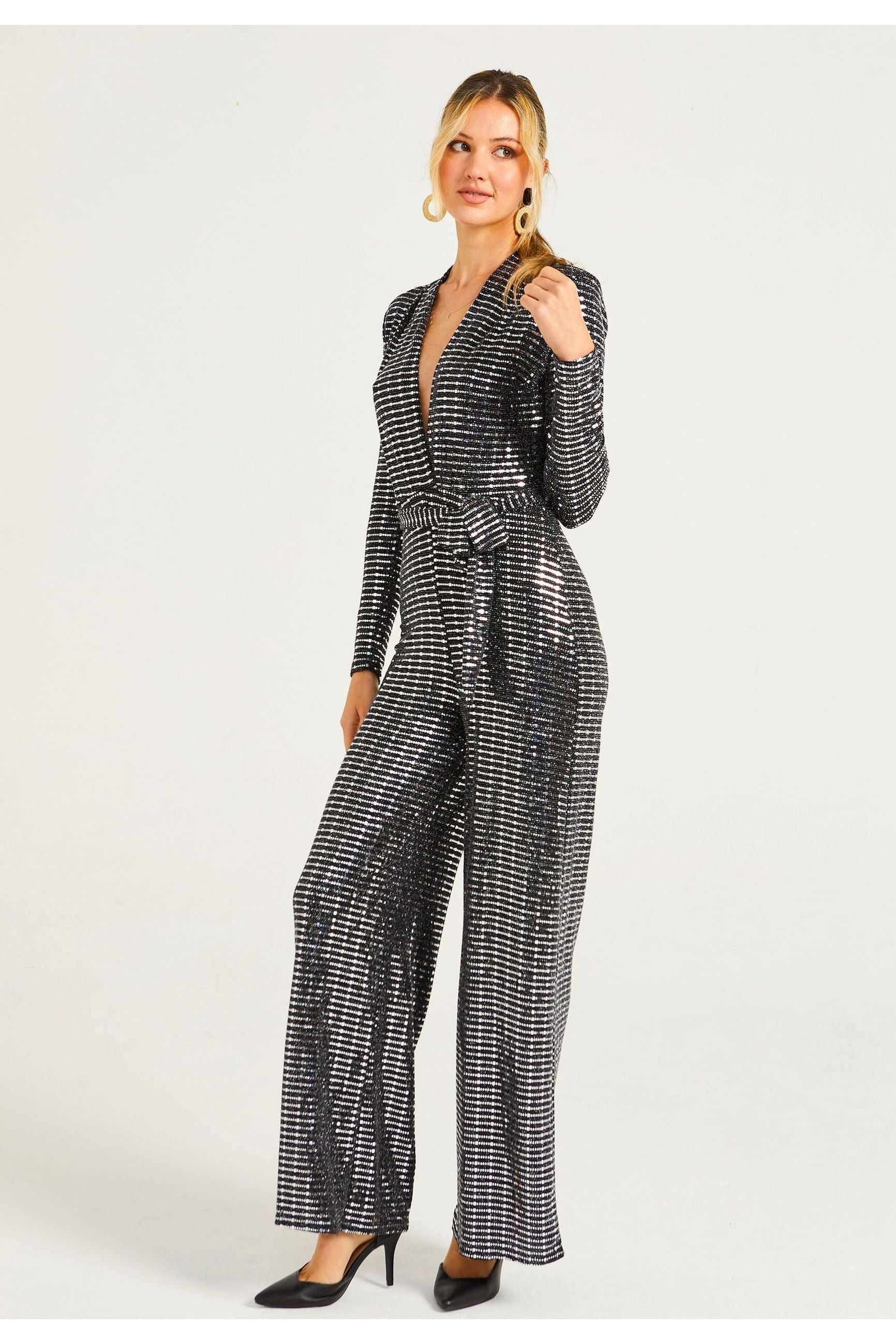 Sequin Plunge Neck Faux Wrap Jumpsuit In Silver M035656SLVF