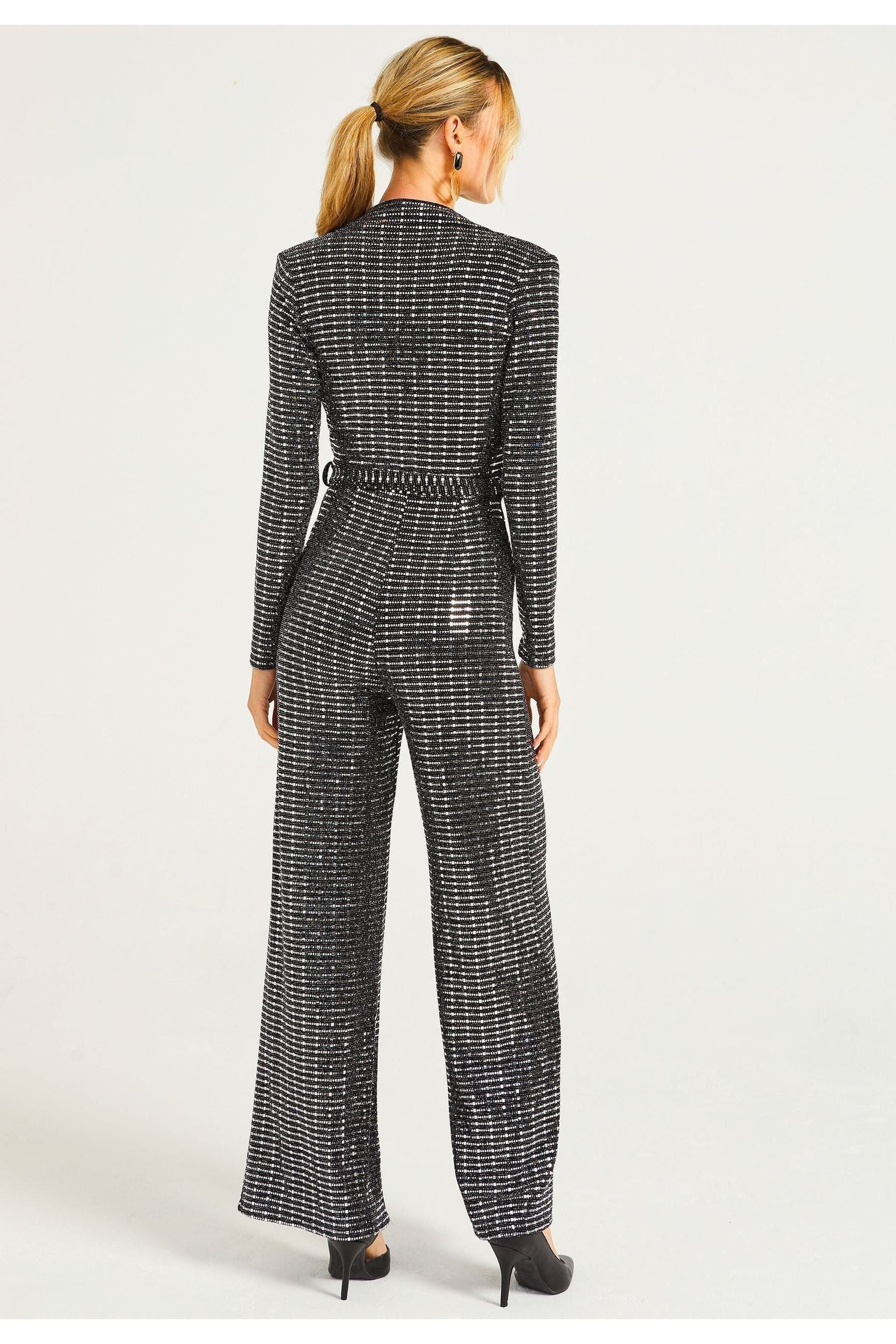 Sequin Plunge Neck Faux Wrap Jumpsuit In Silver M035656SLVF